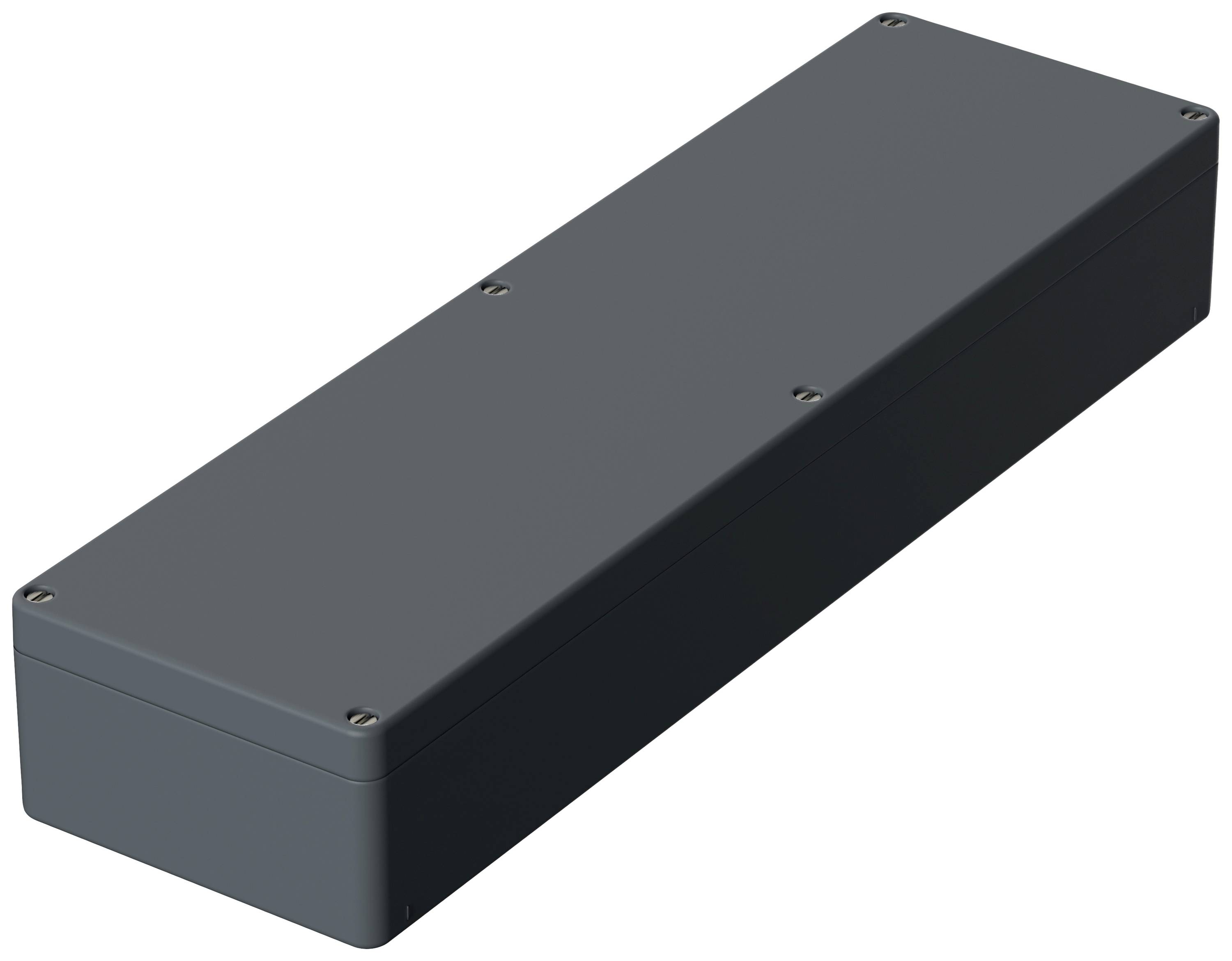 Un conteneur rectangulaire en plastique sombre avec des vis aux coins, probablement destiné au stockage d'équipements électroniques ou d'outils.