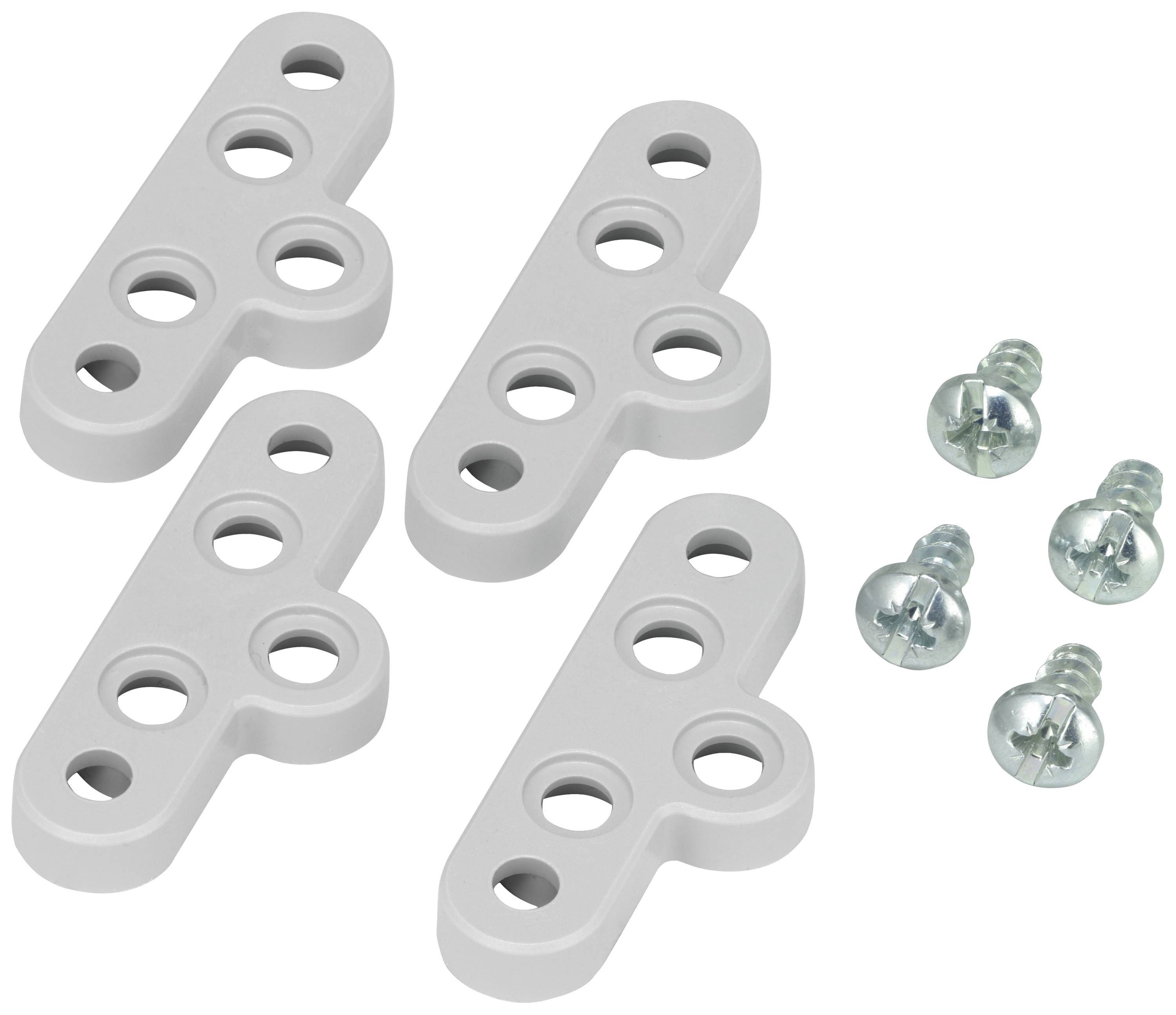 Quatre équerres grises en plastique, chacune percée de trois trous de fixation, à côté de quatre vis argentées. Idéales pour l'assemblage de composants.