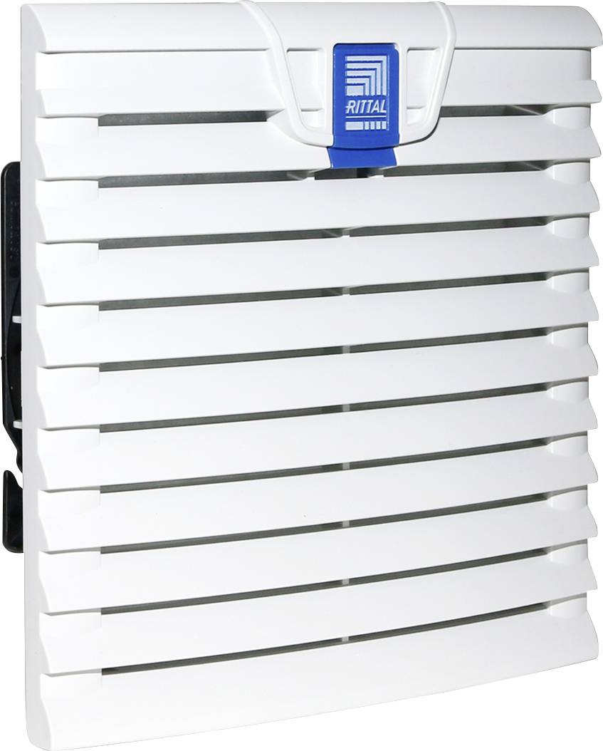 Grille de ventilation à lamelles horizontales, blanche, avec un logo bleu au centre en haut, de la marque Rittal.