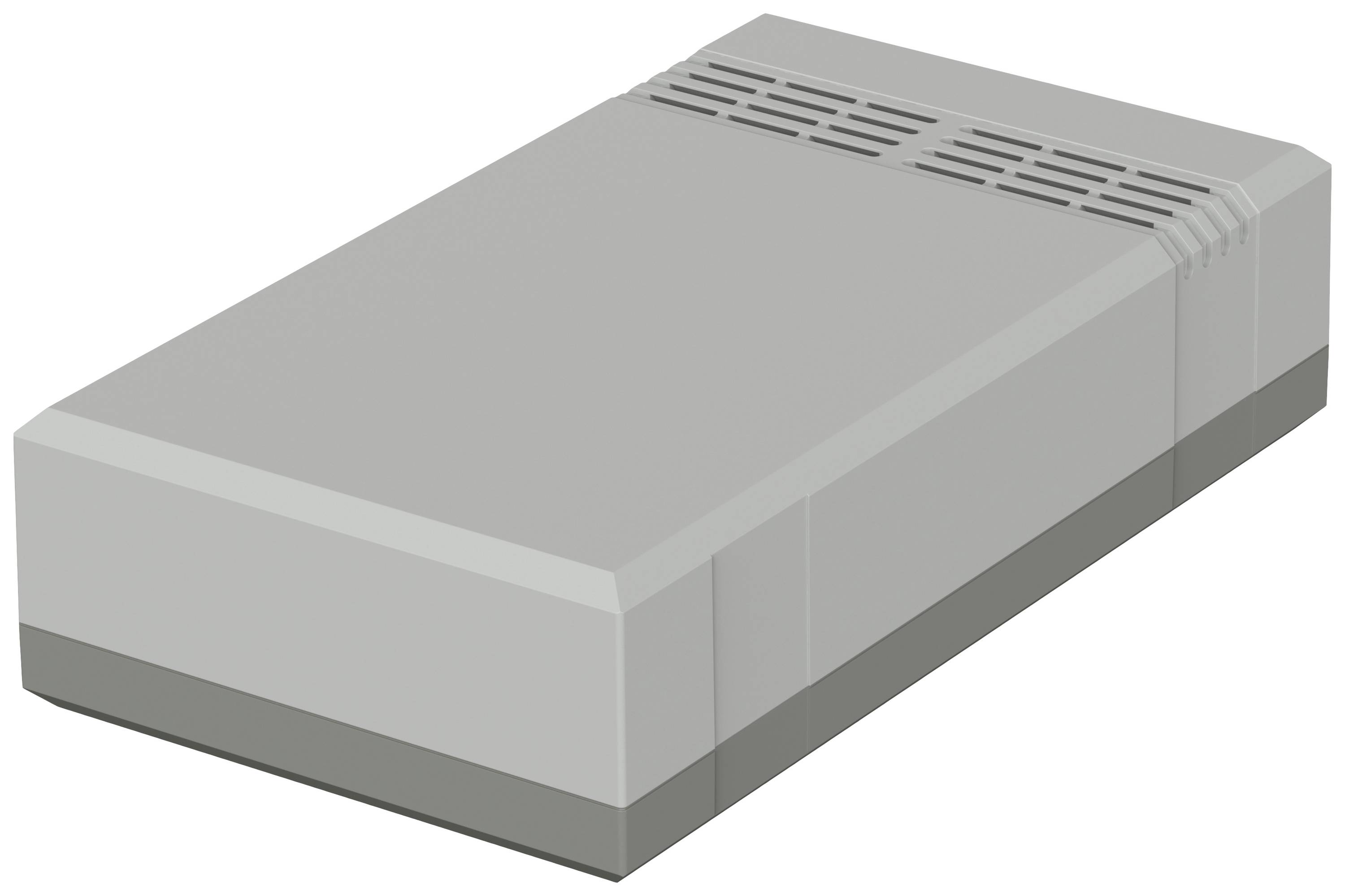 Appareil rectangulaire gris avec des fentes de ventilation sur le dessus.
