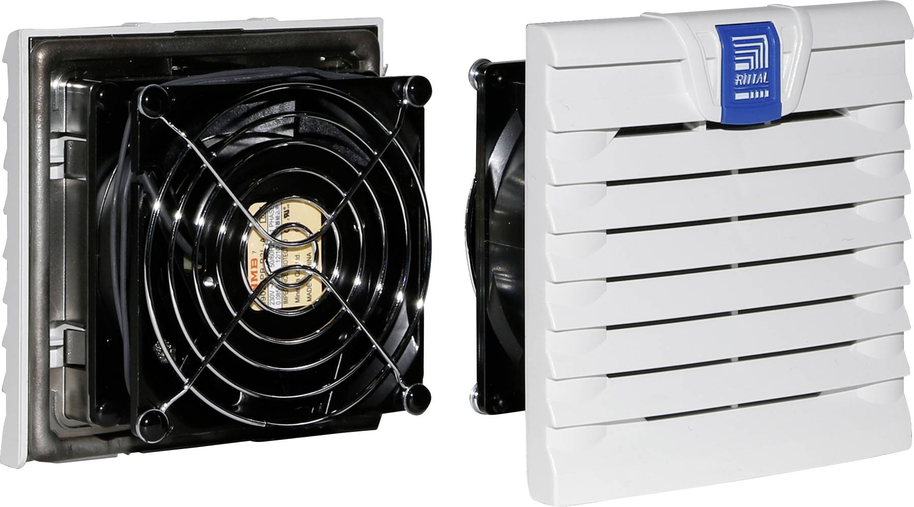 Deux unités de ventilation avec grille de protection et grille de couverture blanche. À gauche, un ventilateur ouvert, à droite un ventilateur fermé avec logo de marque.