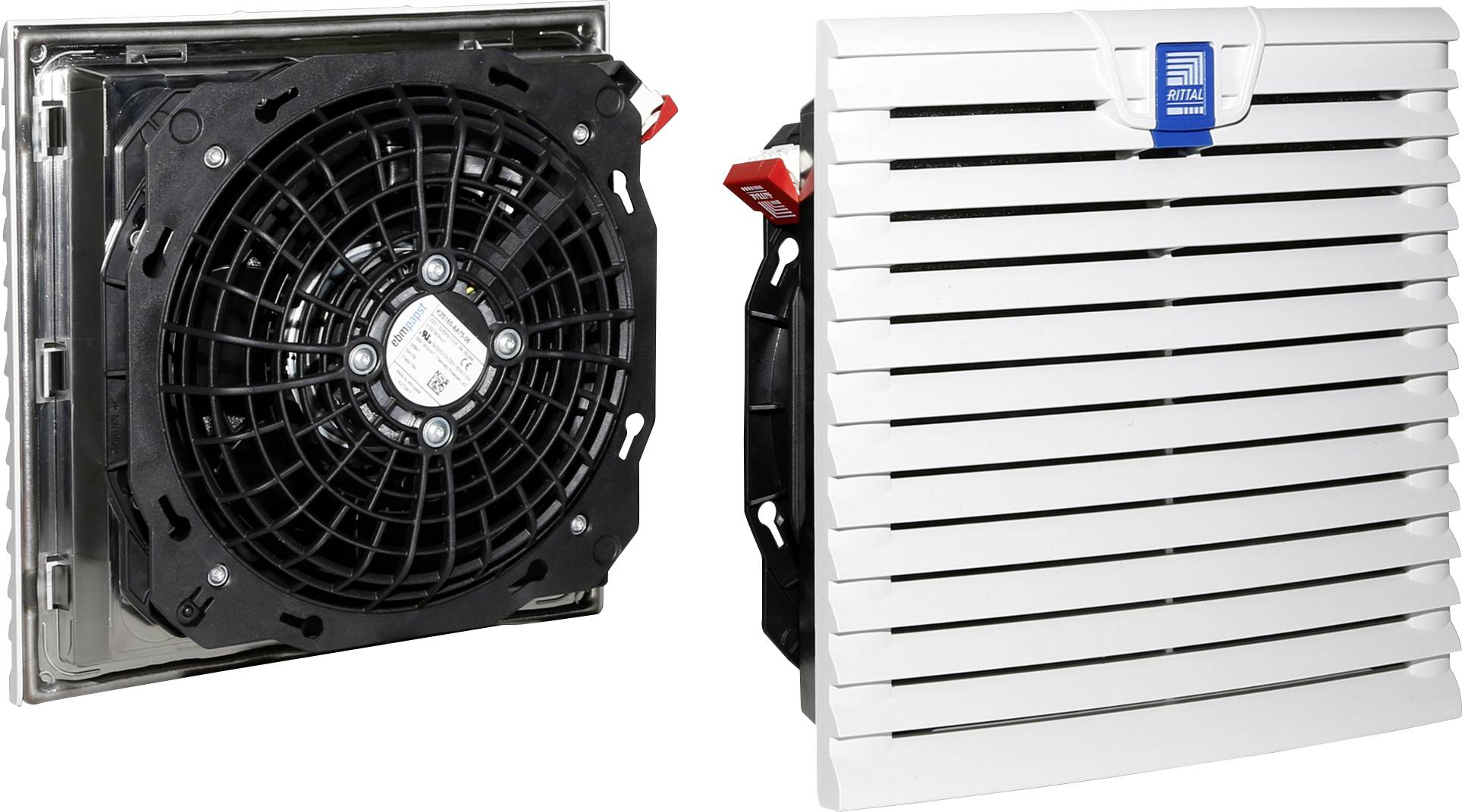 Un système de ventilation pour armoires électriques. À gauche : ventilateur avec boîtier noir ; à droite : grille blanche de couverture.