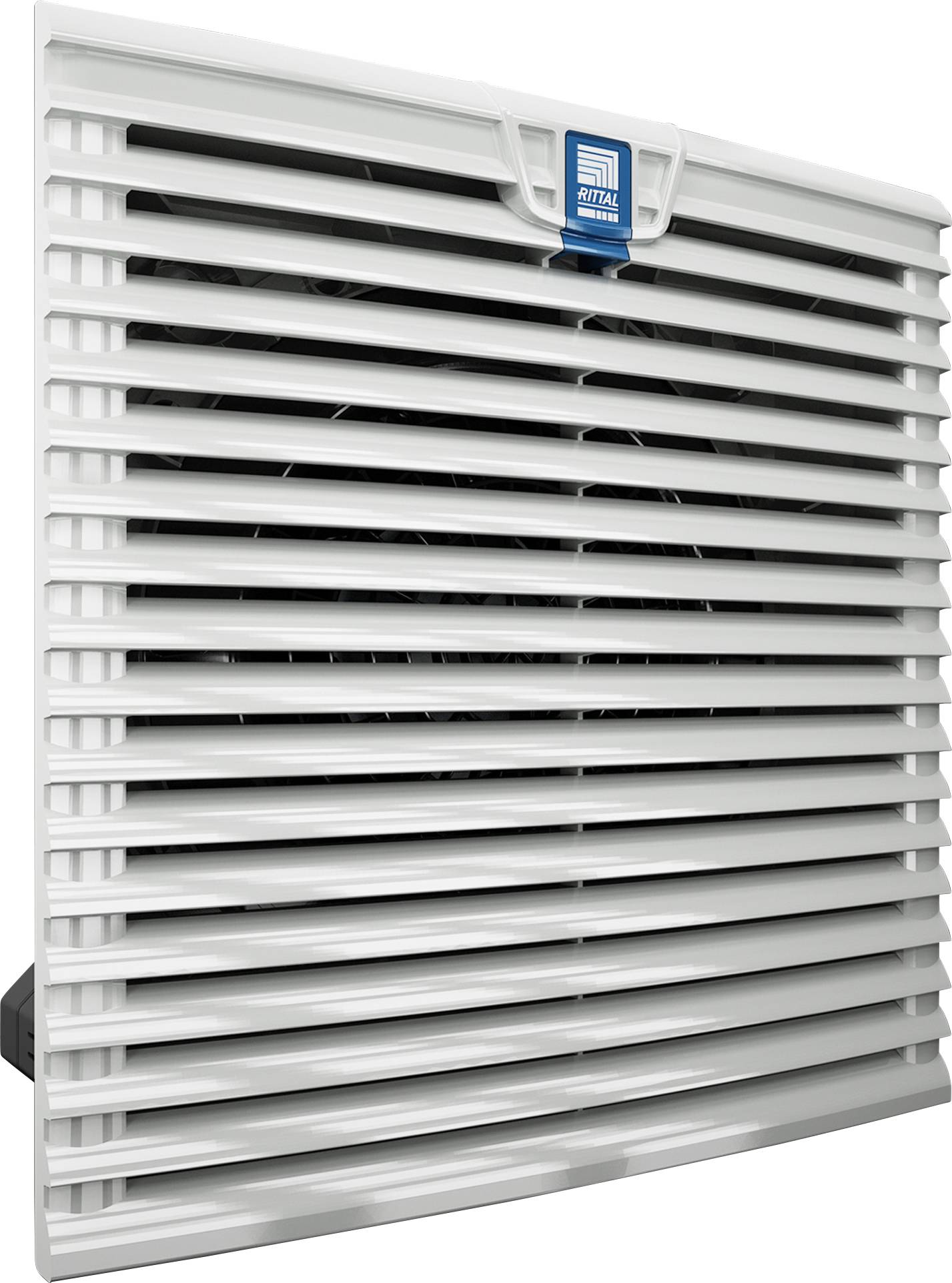 Grilles de ventilation blanches sur un ventilateur, de forme rectangulaire. La grille est prise en photo en biais et présente un logo de marque central.