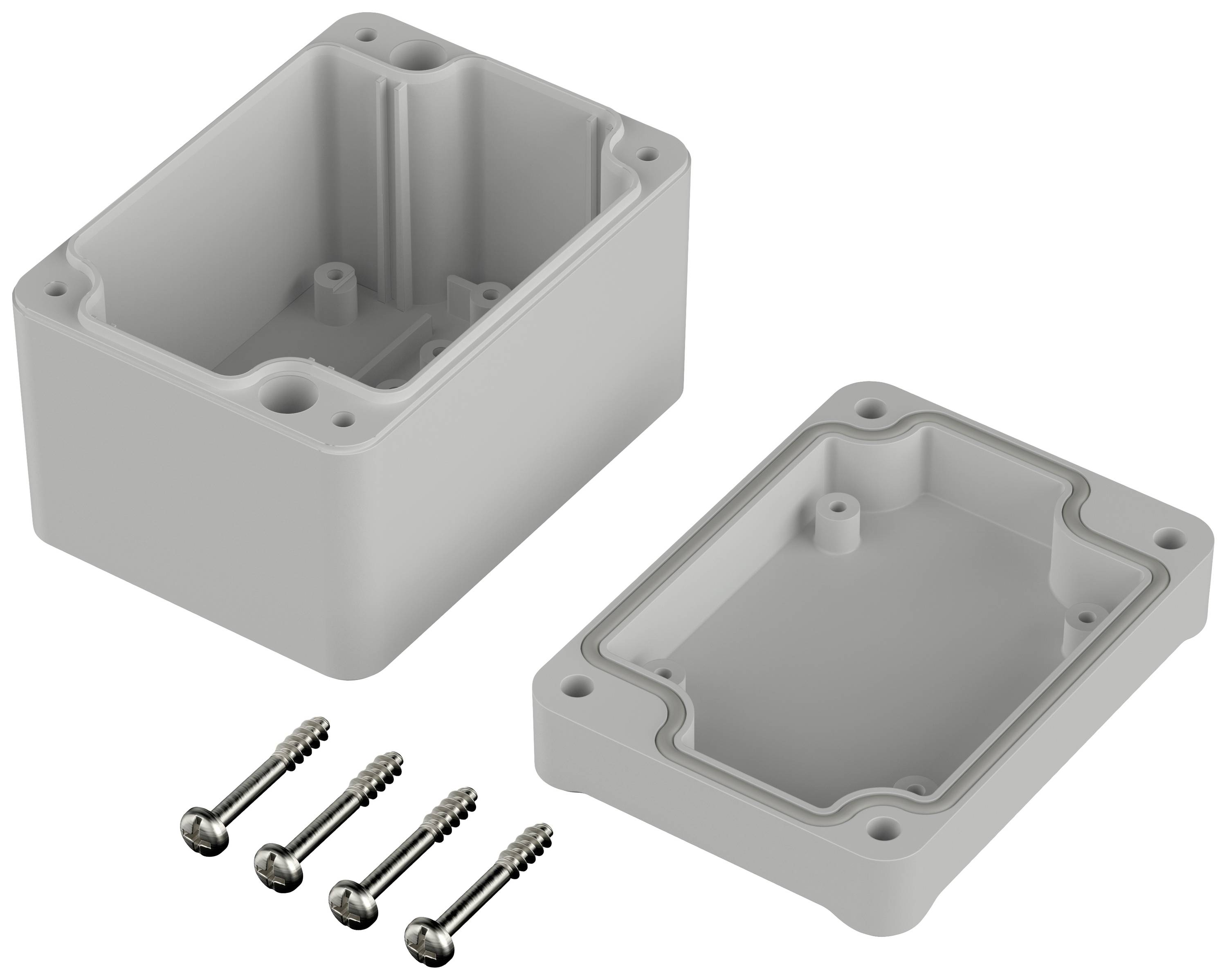 Boîtier rectangulaire gris en plastique, composé de deux parties avec un couvercle amovible et quatre vis de fixation.