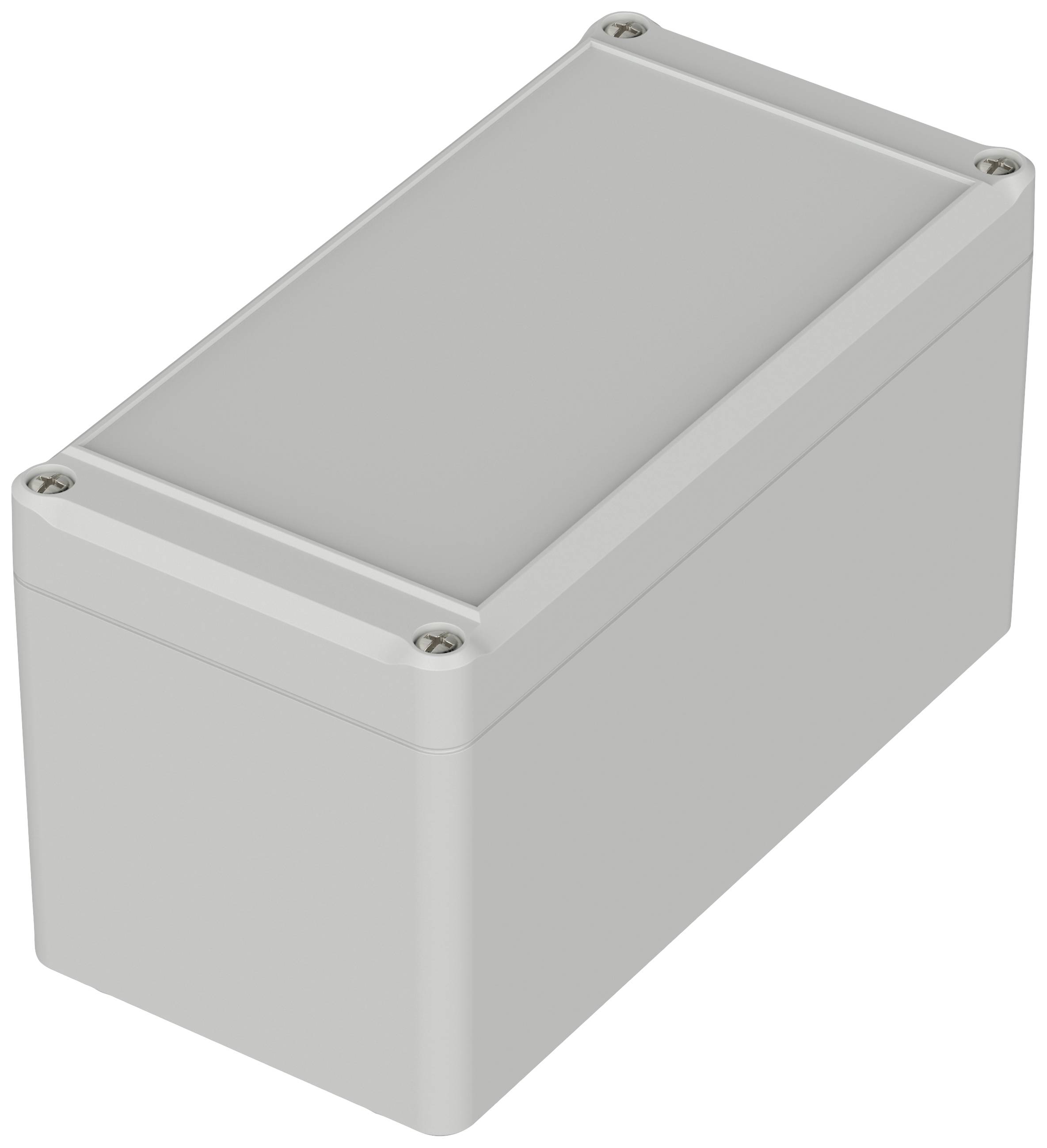 Boîtier rectangulaire gris en plastique avec des coins arrondis et des vis à chaque angle pour la fixation du couvercle.