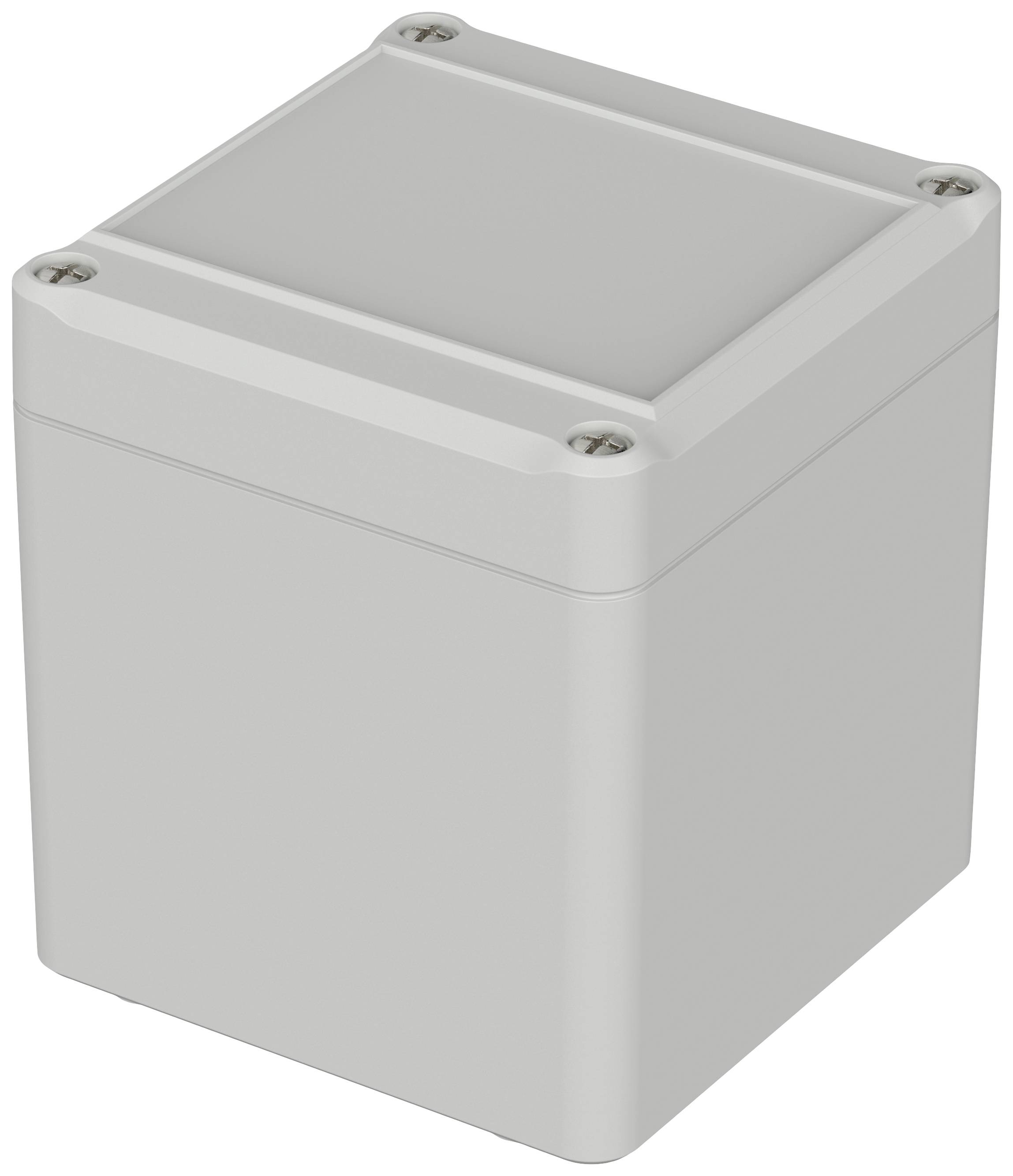 Boîtier gris, carré, fermé, avec quatre vis aux angles, probablement en plastique, destiné aux composants électroniques.