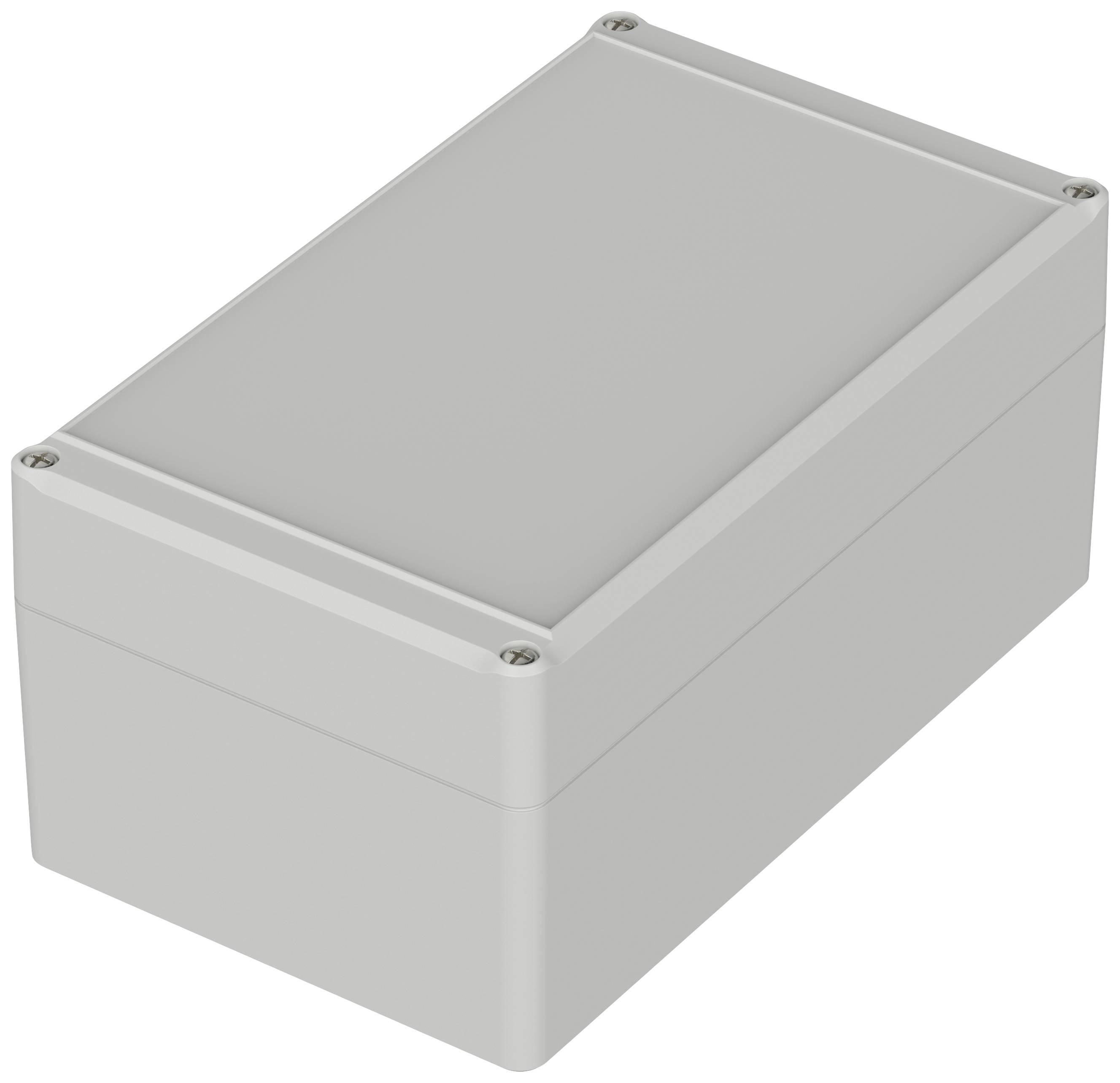Boîtier rectangulaire gris avec couvercle amovible, fixé par quatre vis situées aux angles.