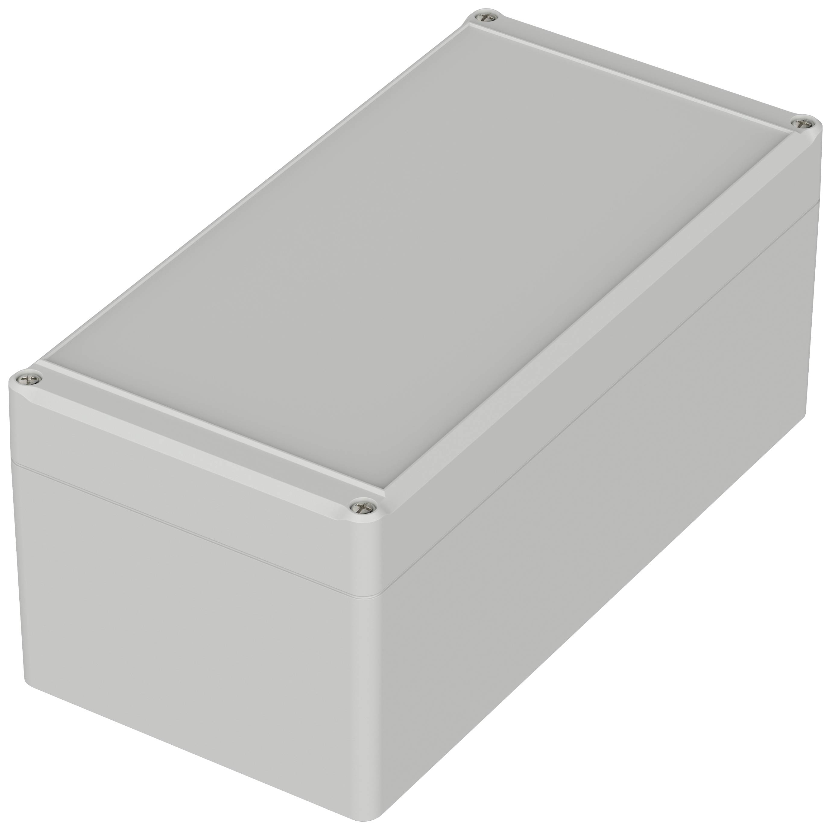 Boîtier rectangulaire en plastique gris avec couvercle amovible et vis aux coins. Adapté pour les composants électroniques.