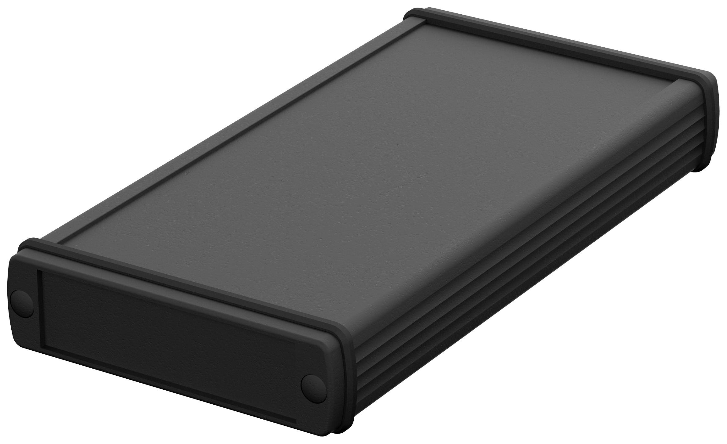 Un boîtier noir rectangulaire, probablement un boîtier de disque dur externe, repose à plat, avec des coins nervurés pour une protection contre les chocs.