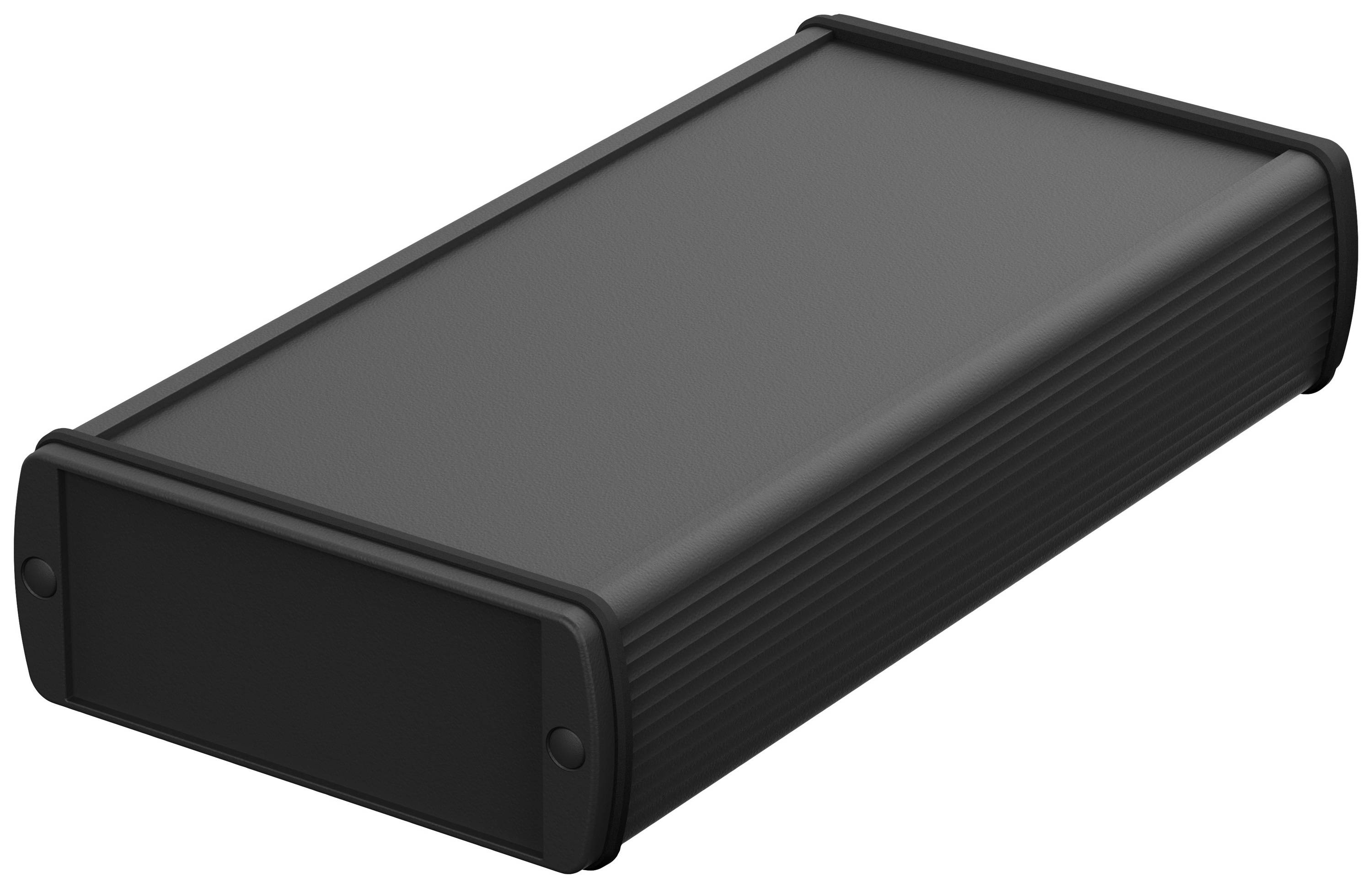 Boîtier métallique noir rectangulaire aux angles arrondis, adapté aux appareils électroniques.