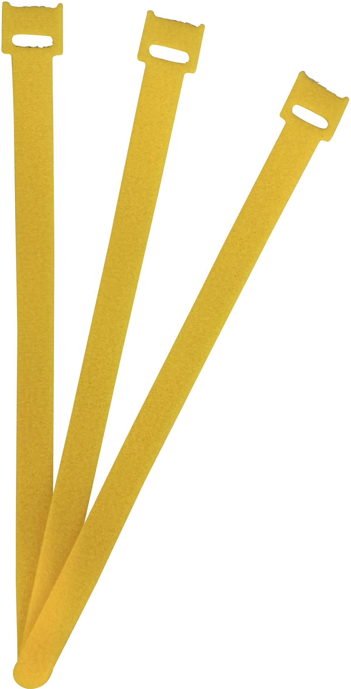 Trois attaches de câble jaunes placées côte à côte, disposées en éventail.