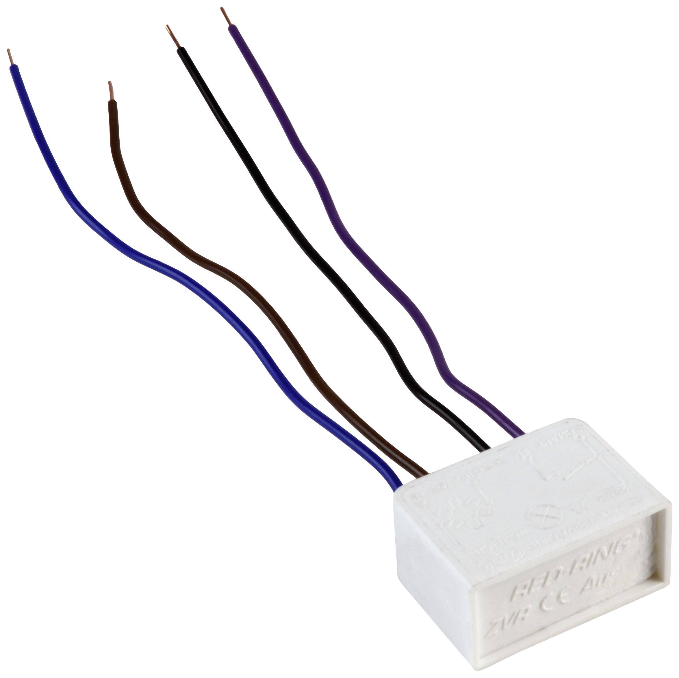 Un composant électrique blanc avec six fils colorés dépassants : bleu, marron, noir, violet et deux fils bleus.