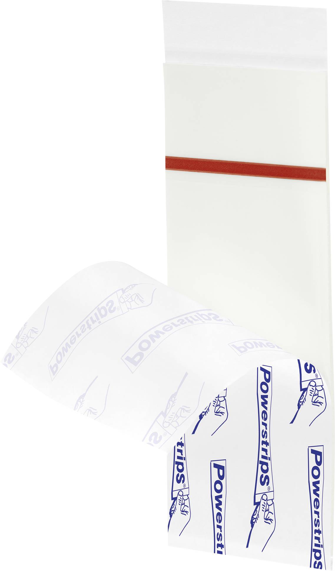 Une bande adhésive bleue Powerstrips est partiellement décollée de son film de protection blanc. Un carton blanc est visible en arrière-plan.