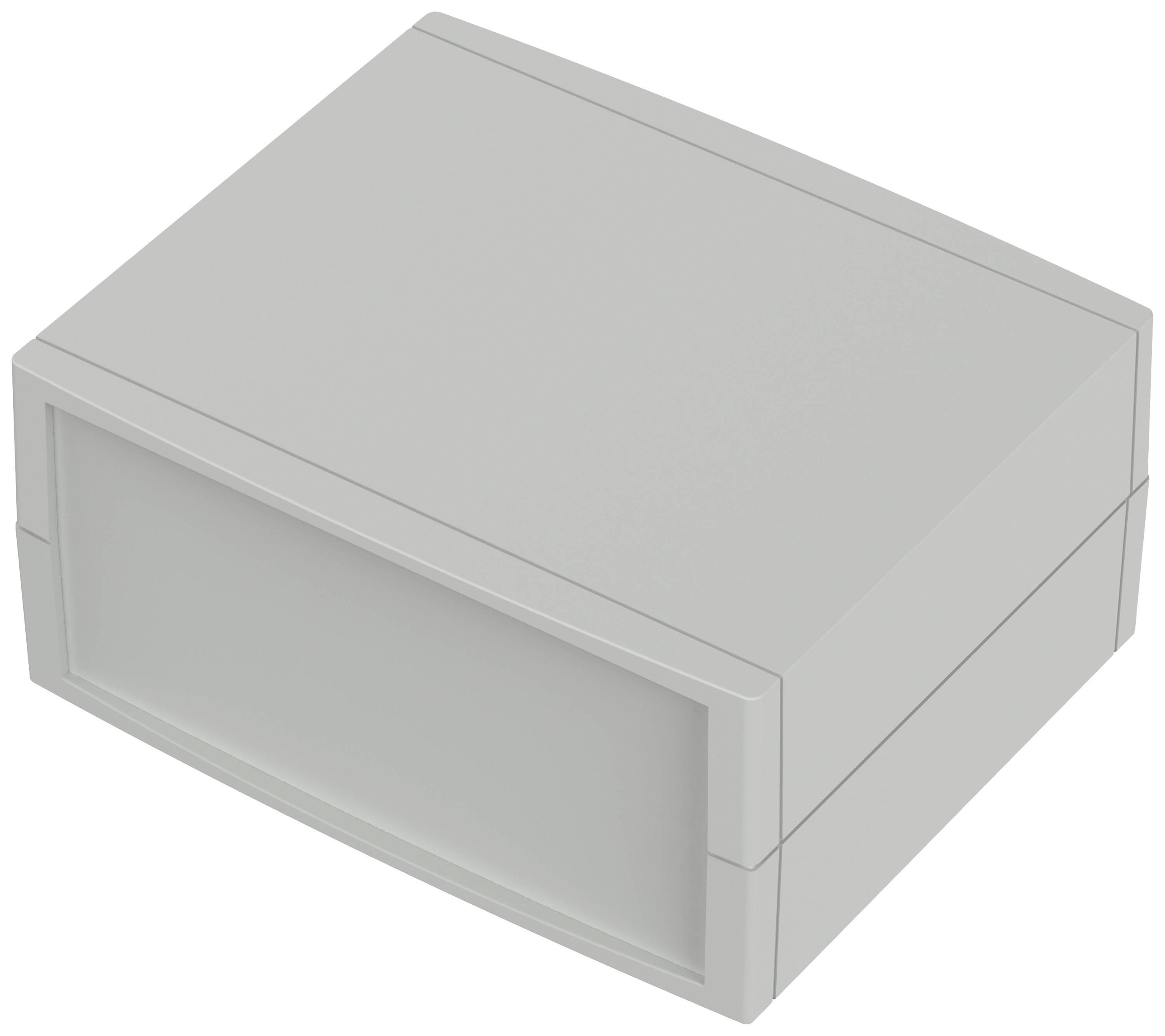 Boîtier électronique gris, rectangulaire, aux bords lisses et avec un couvercle avant amovible.