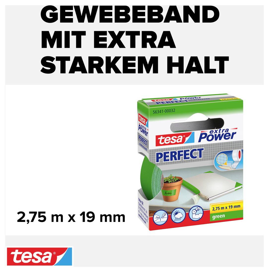 Emballage de ruban adhésif toilé tesa 'extra Power Perfect', vert, 2,75 m x 19 mm, mis en valeur par le texte 'Ruban adhésif toilé avec une adhérence extra forte'.
