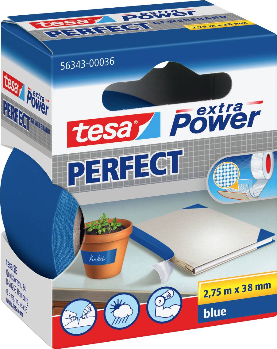 'tesa extra Power PERFECT' blaues Klebeband-Verpackung mit einer Rolle von 2,75 m x 38 mm. Verwendungszwecke umfassen Reparaturen, Basteln und Gartenarbeit.