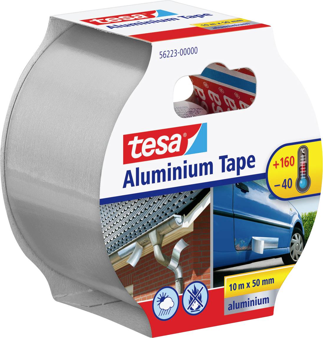 Rouleau de Ruban Adhésif en Aluminium Tesa, largeur 50 mm, longueur 10 m. L'emballage illustre l'utilisation du ruban sur les toits et les tuyaux. Résistant aux températures de -40 à +160°C.