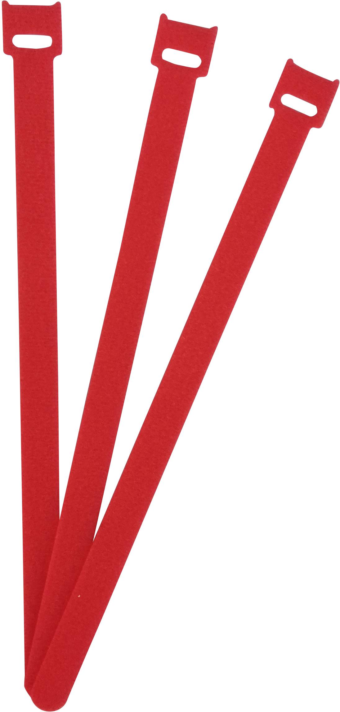 Trois attaches de câble rouges sont disposées côte à côte sur un fond blanc.