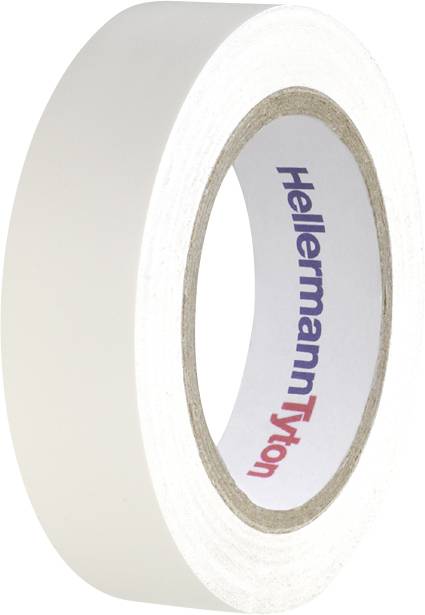 Un rouleau de ruban adhésif blanc de la marque HellermannTyton est posé avec l'étiquette vers le haut.