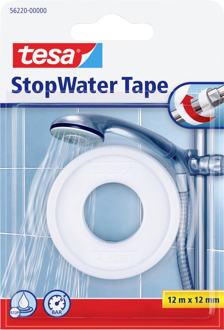 L'emballage de 'StopWater Tape' présente un pommeau de douche et un rouleau de ruban, soulignant sa résistance à l'eau. Dimensions du package : 12m x 12mm.