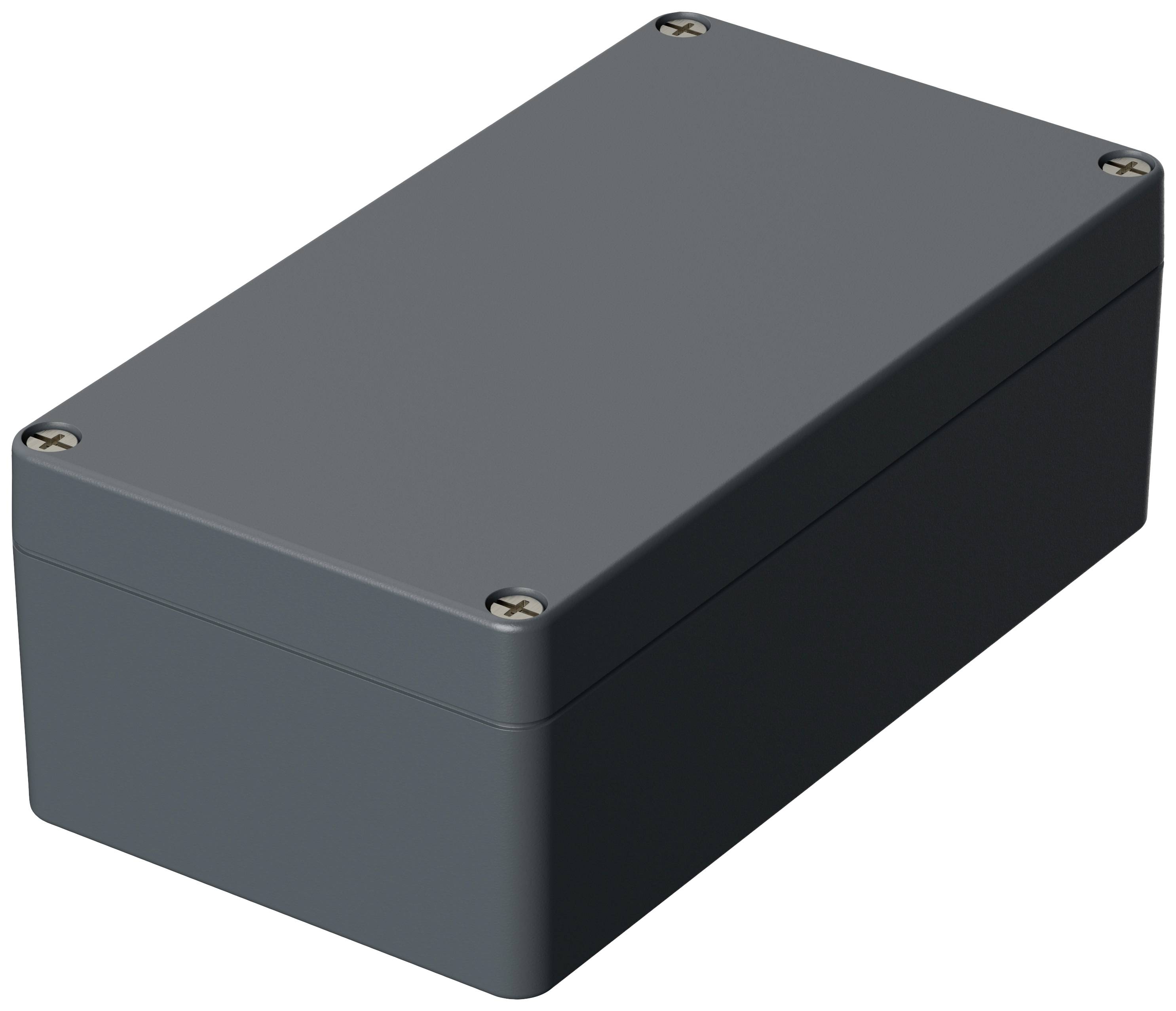 Boîtier rectangulaire gris avec des vis aux angles, adapté pour contenir des composants électroniques.