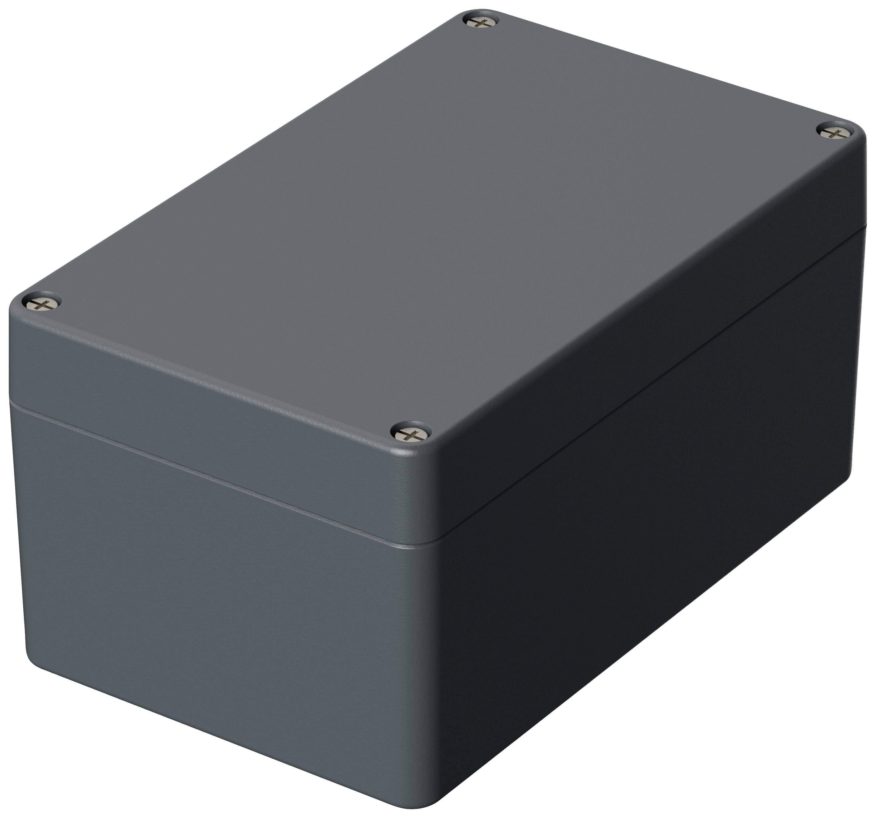 Boîtier rectangulaire de couleur gris foncé, muni de quatre vis aux angles. Adapté pour les composants électroniques et les applications de boîtiers sécurisés.