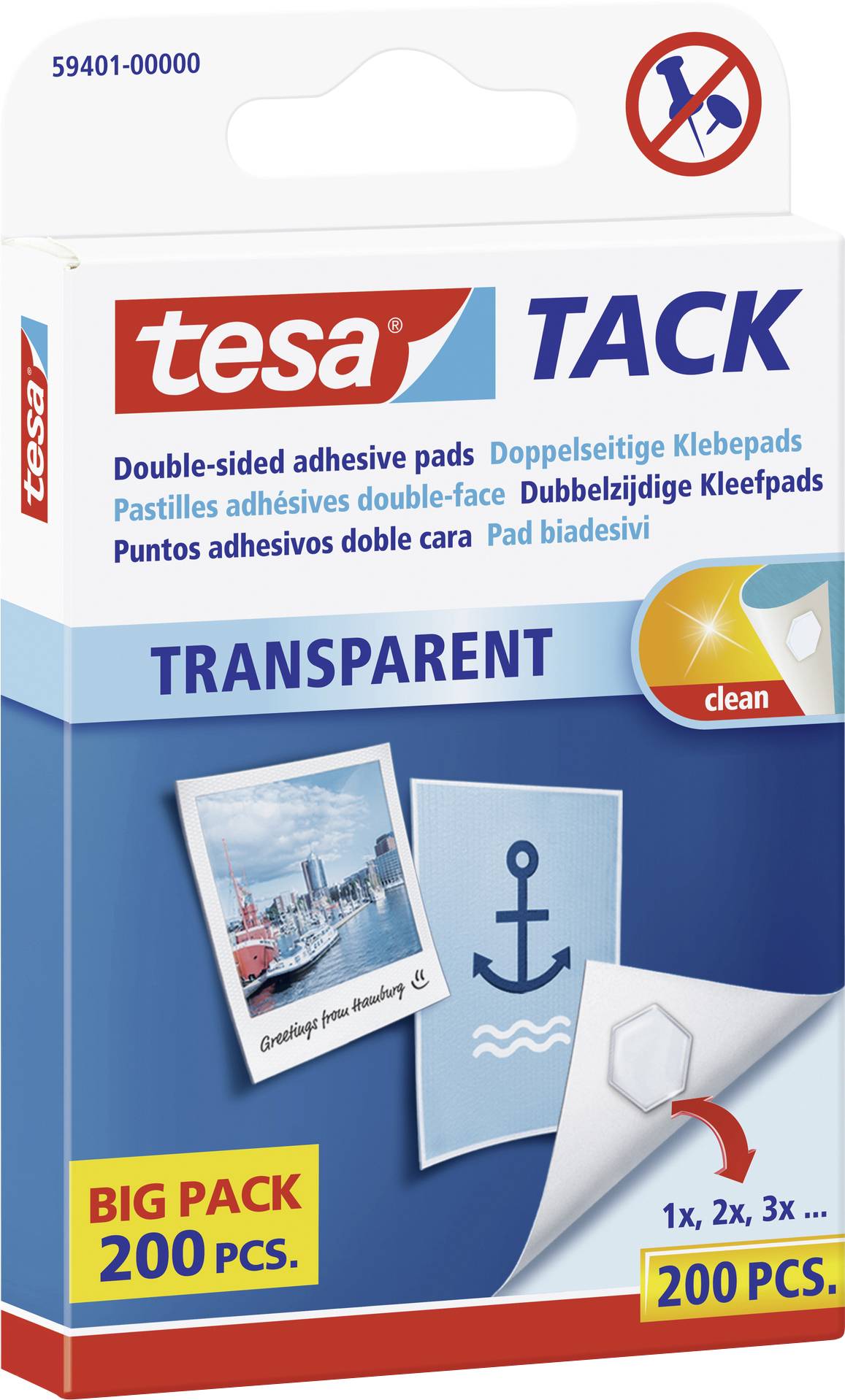 Emballage de 200 pads adhésifs transparents double face 'tesa Tack'. Contient des instructions et des symboles d'utilisation.