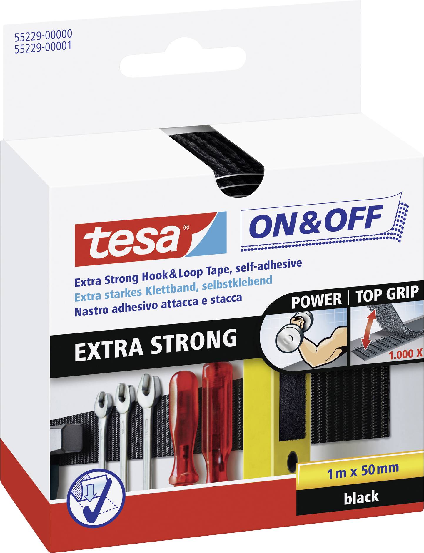 TESA On & Off 55229-00-01 Bande auto-agrippante à coller partie velours et partie agrippante, extra-fort (L x l) 1000 mm x 50 mm