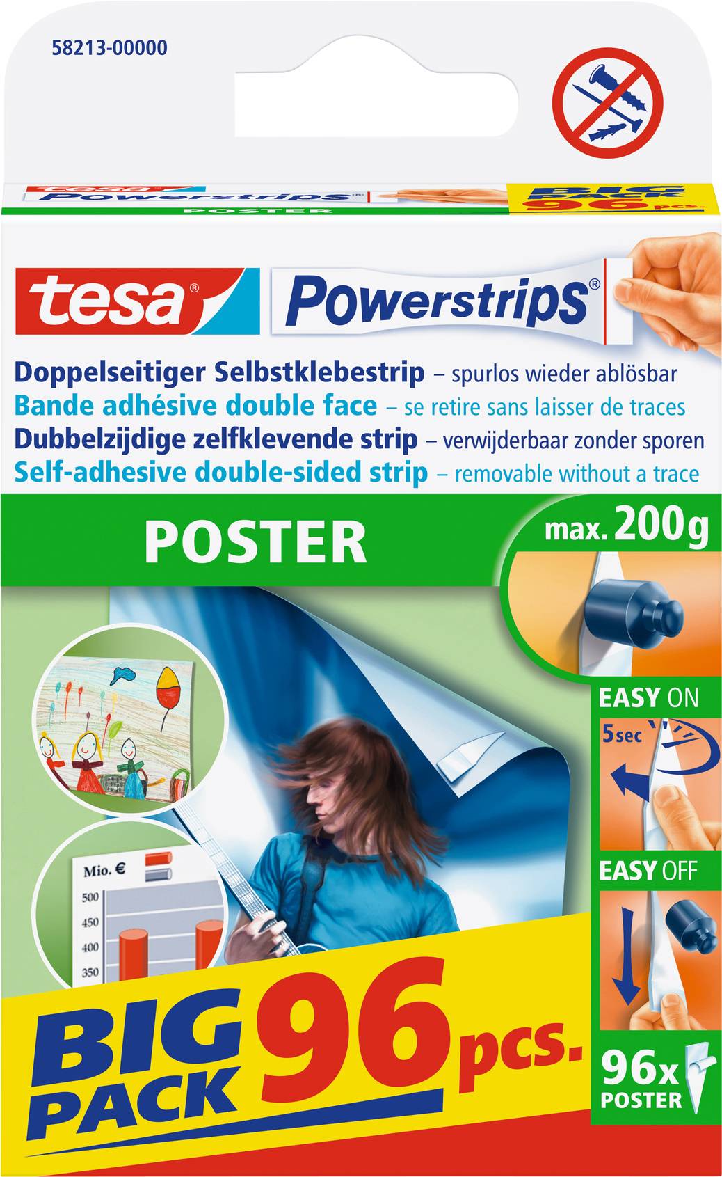 Bandelettes adhésives double face tesa Powerstrips POSTER, auto-adhésives, repositionnables sans trace, charge maximale 200g, paquet de 96 pièces.