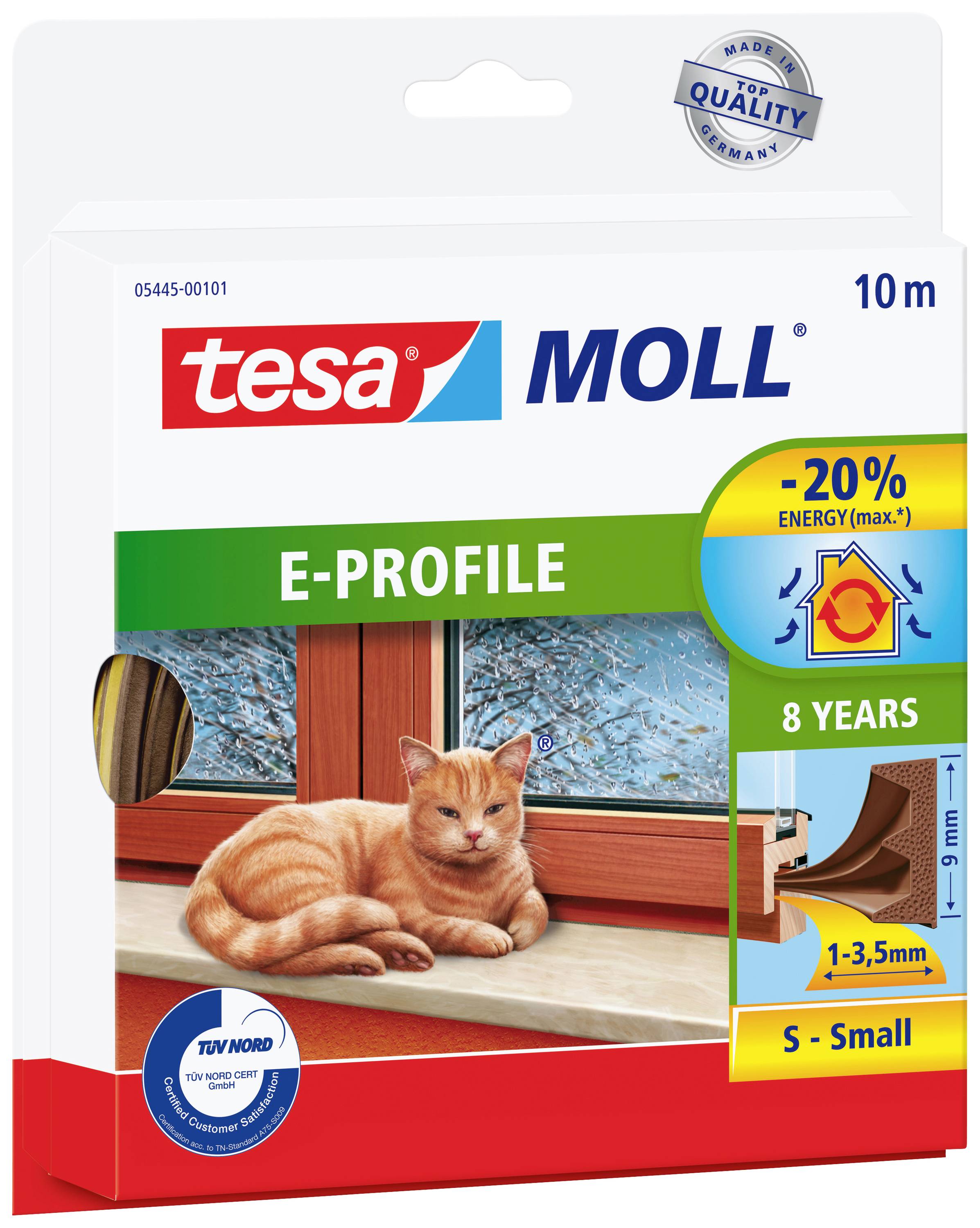 Emballage d'un ruban d'étanchéité de la marque 'tesa Moll E-Profile'. Une image d'un chat à la fenêtre symbolise l'isolation thermique.