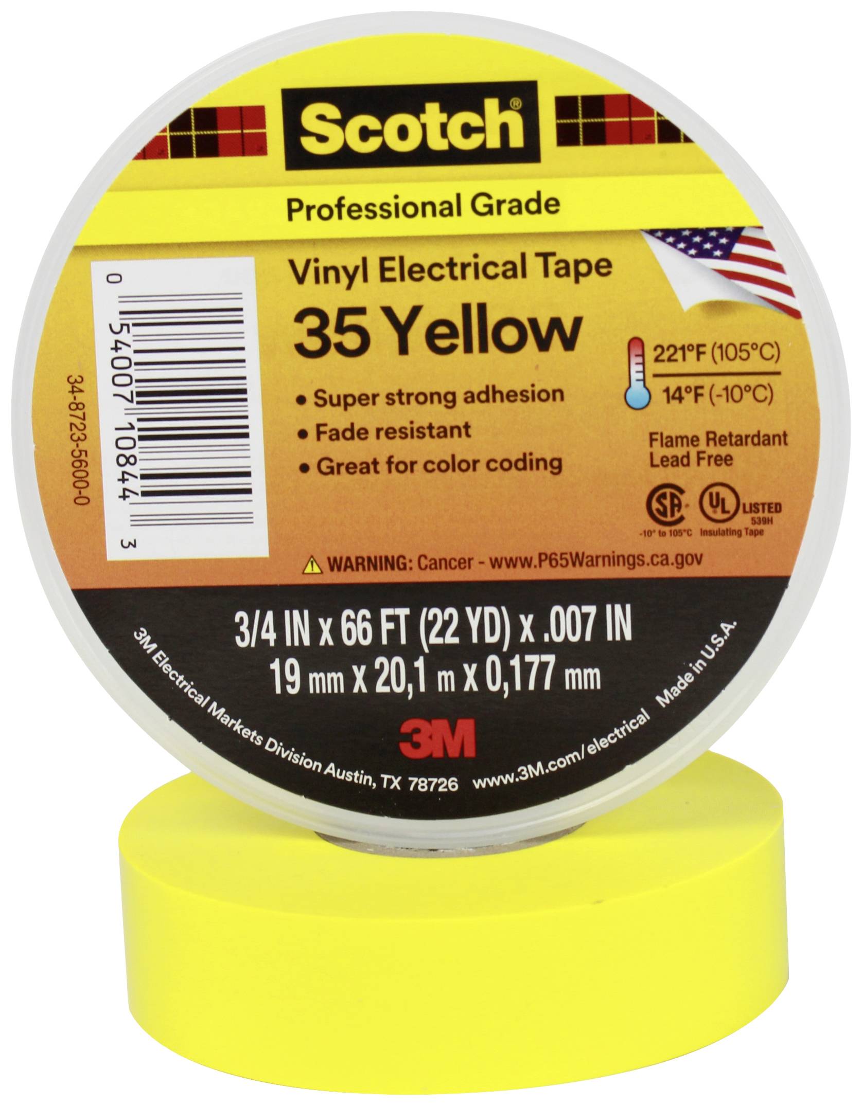 Ruban isolant en vinyle jaune Scotch, qualité professionnelle, 19 mm x 20,1 m, résistant à la température jusqu'à 105°C, ignifuge.