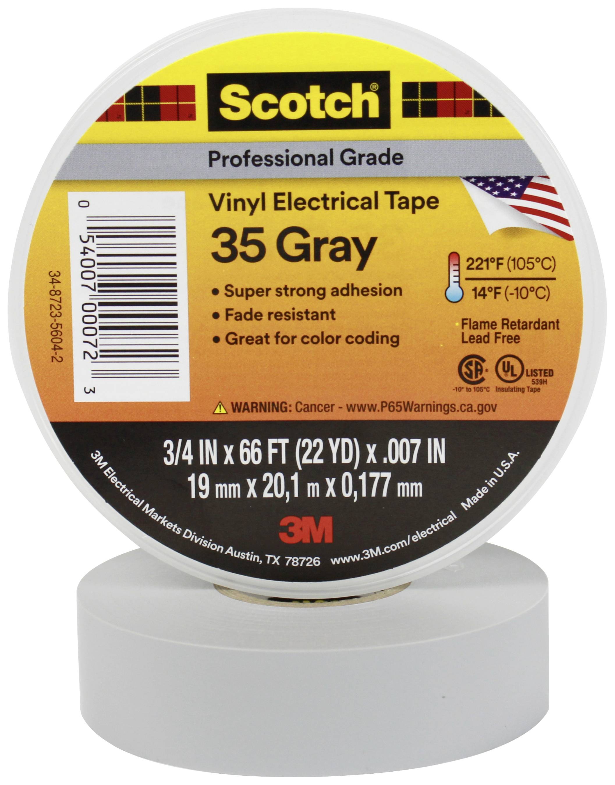 Ruban électrique professionnel Scotch en vinyle, gris, 35, ignifuge, résiste à des températures de -10°C à 105°C.