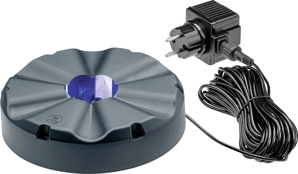 Dégivreur noir avec un long cordon d'alimentation ; conception circulaire avec ouverture centrale en forme de fleur.