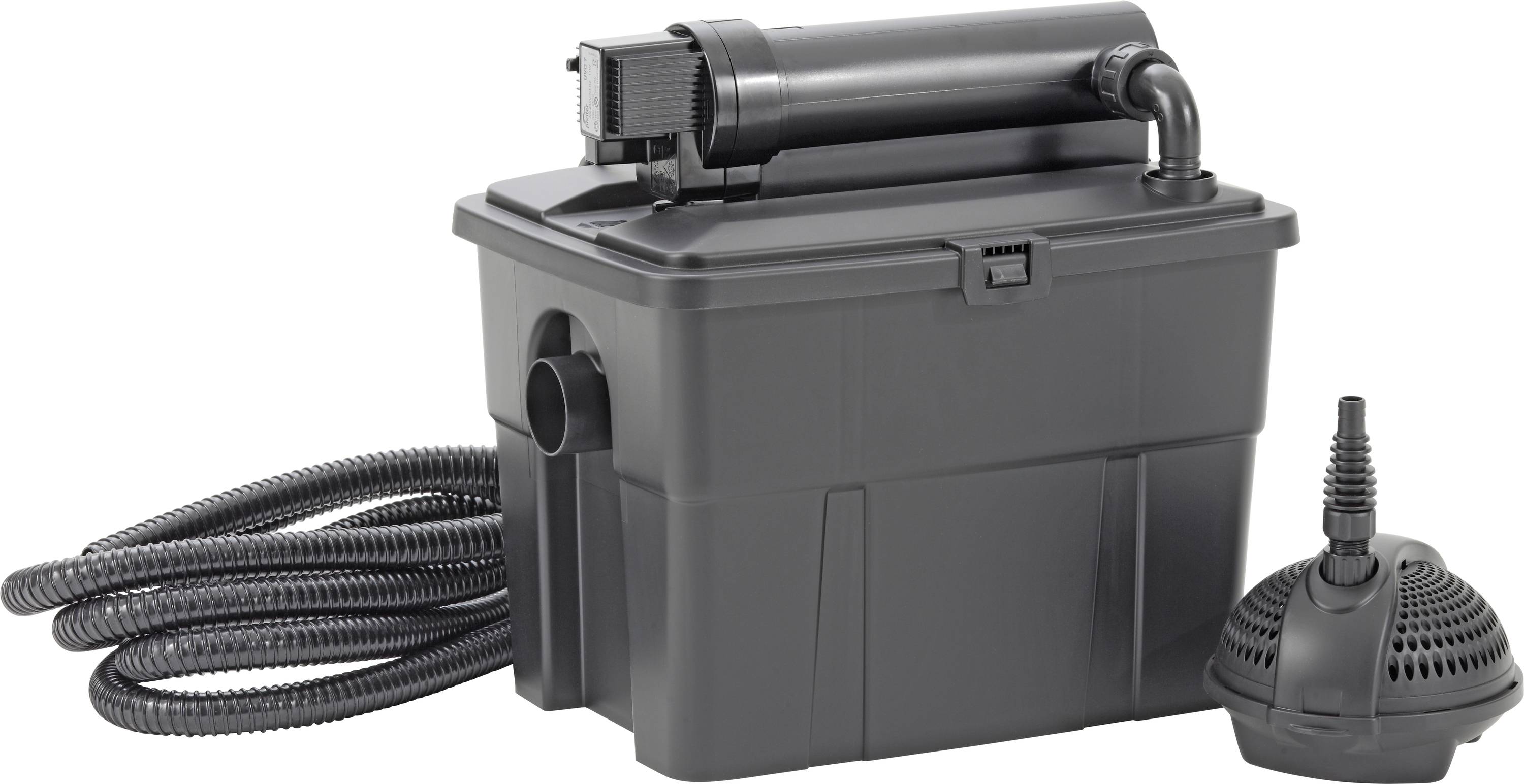 Un système de filtration d'étang noir avec des tuyaux et une pompe, conçu pour la filtration de l'eau dans les étangs de jardin, présenté dans un environnement neutre.