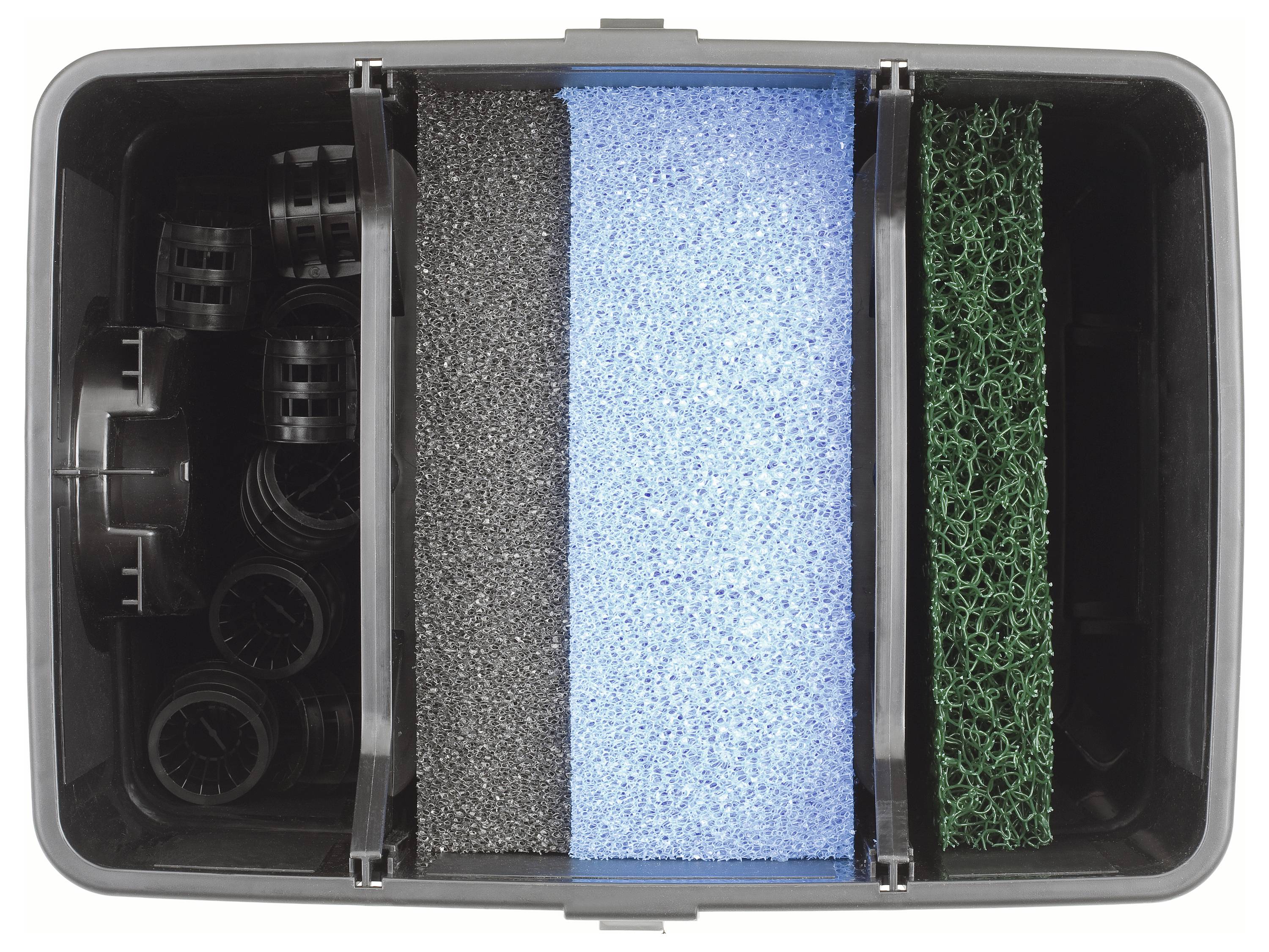 Vue aérienne d'un boîtier contenant des filtres et des buses, comprenant trois sections incluant des filtres bleus et verts ainsi que des composants en plastique.