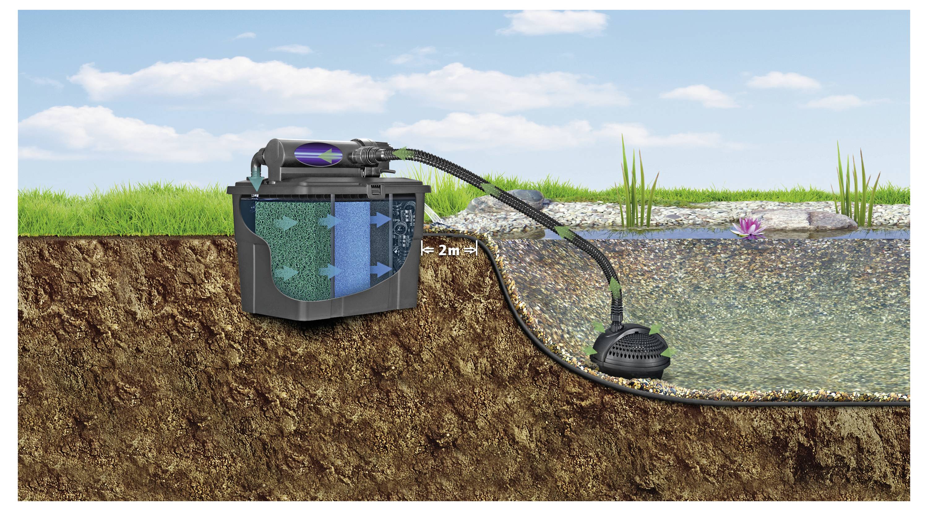 Schéma d'un système de filtration de bassin montrant la disposition avec un boîtier de filtre sur terre, relié à une pompe dans l'eau, illustrant la direction du flux.