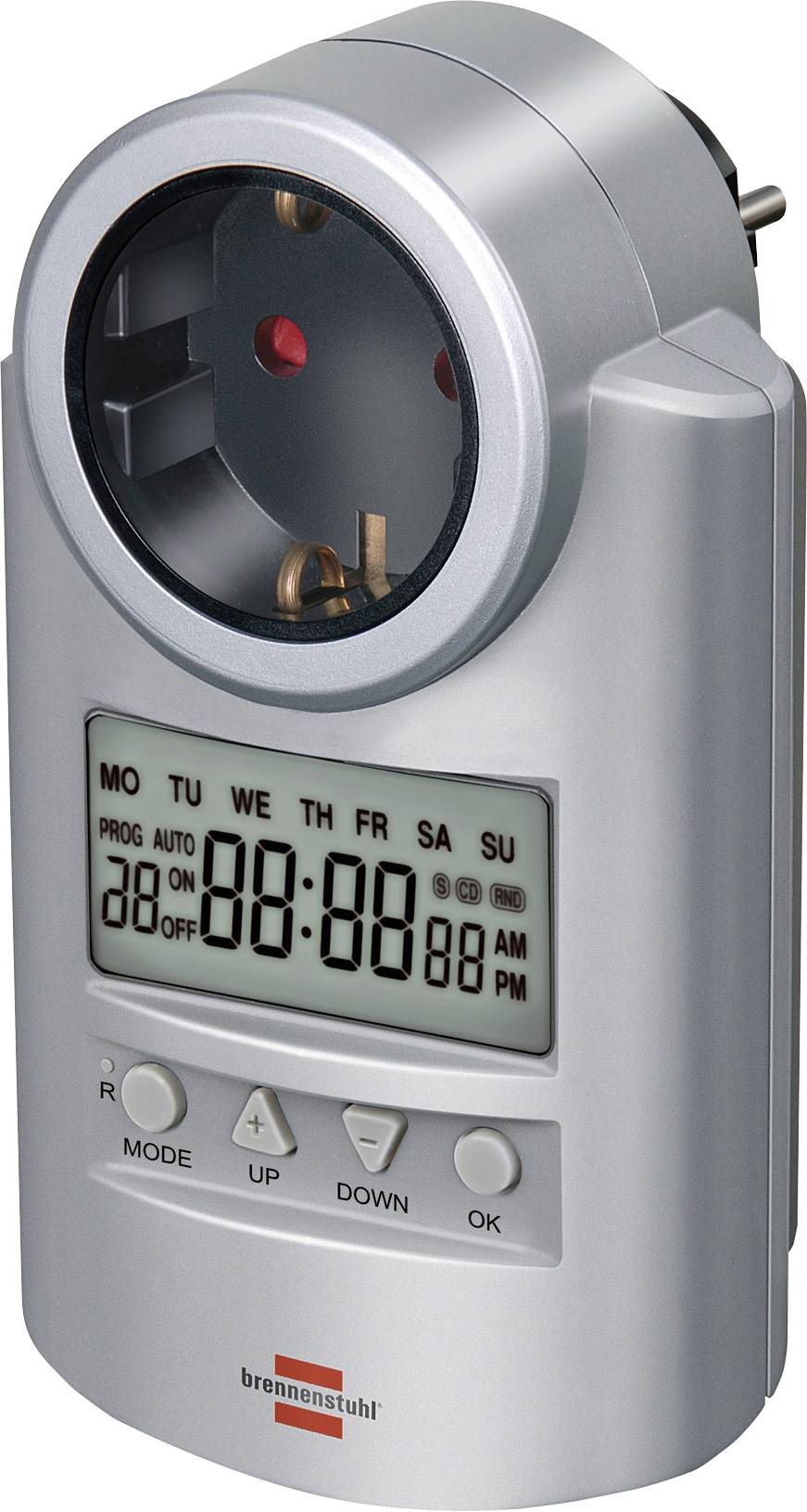 Compteur d'énergie numérique avec prise enfichable, écran LCD, boutons de réglage de l'heure/jour et prise mise à la terre pour mesurer la consommation électrique des appareils.