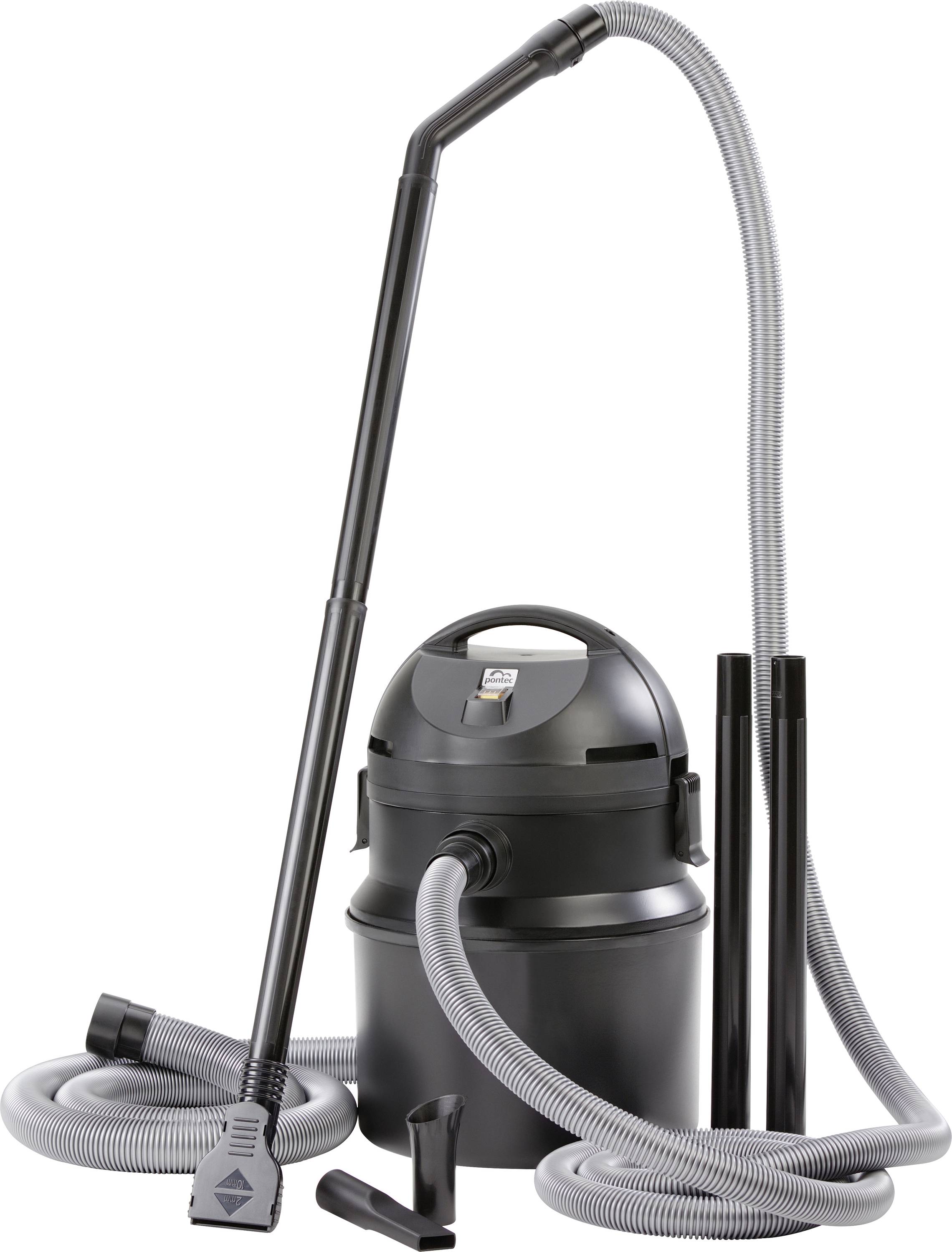 Un aspirateur noir, portable, doté d'un long tuyau flexible et de différentes pièces jointes, conçu pour des tâches de nettoyage polyvalentes.