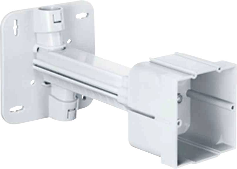 Un support mural blanc pour appareils électroniques, avec bras ajustable et trous de fixation, adapté pour un montage mural.