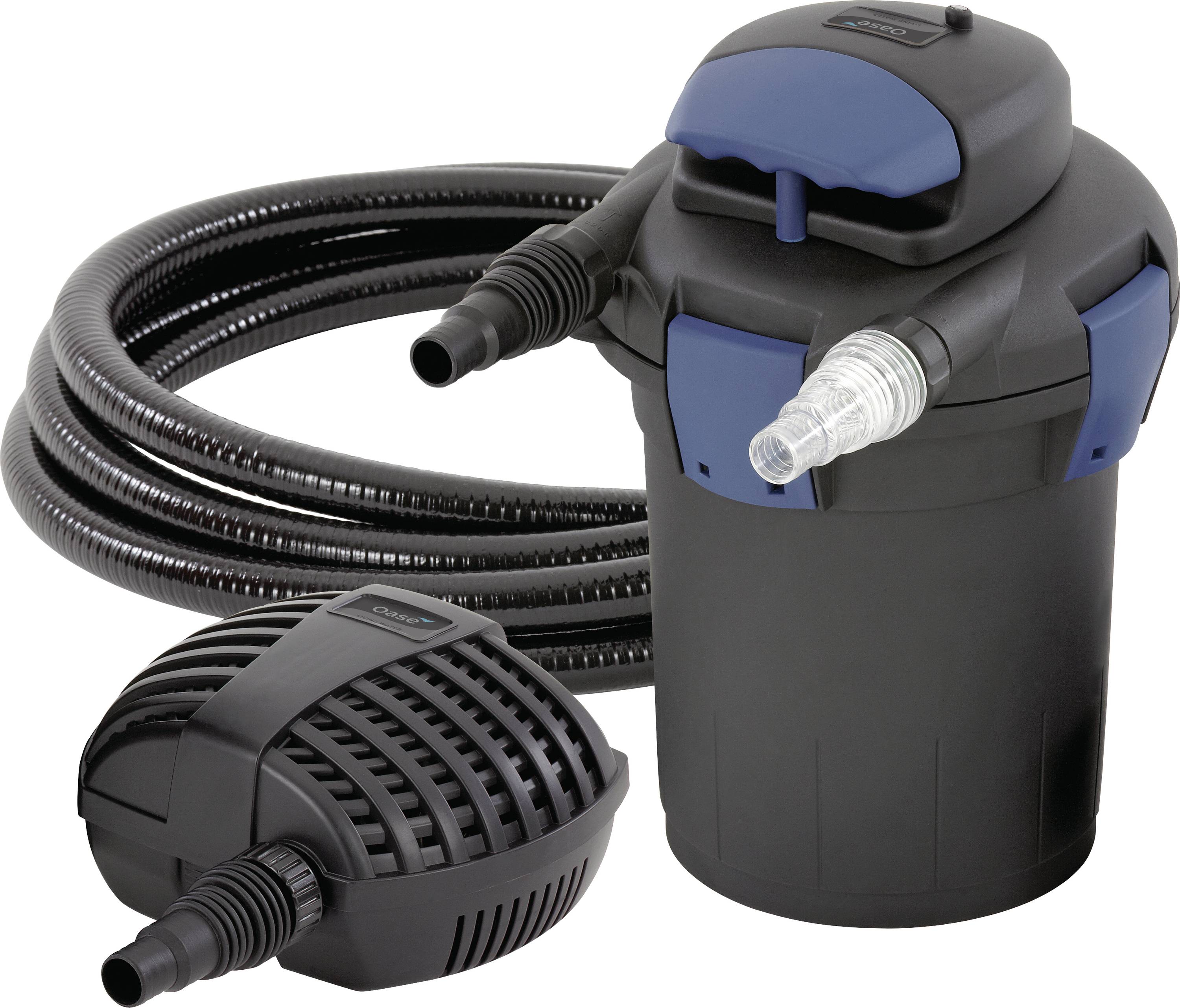 « Système de filtration d'étang avec pompe, tuyaux et unité de filtration conçu pour les environnements aquatiques, présenté en couleurs noire et bleue. »