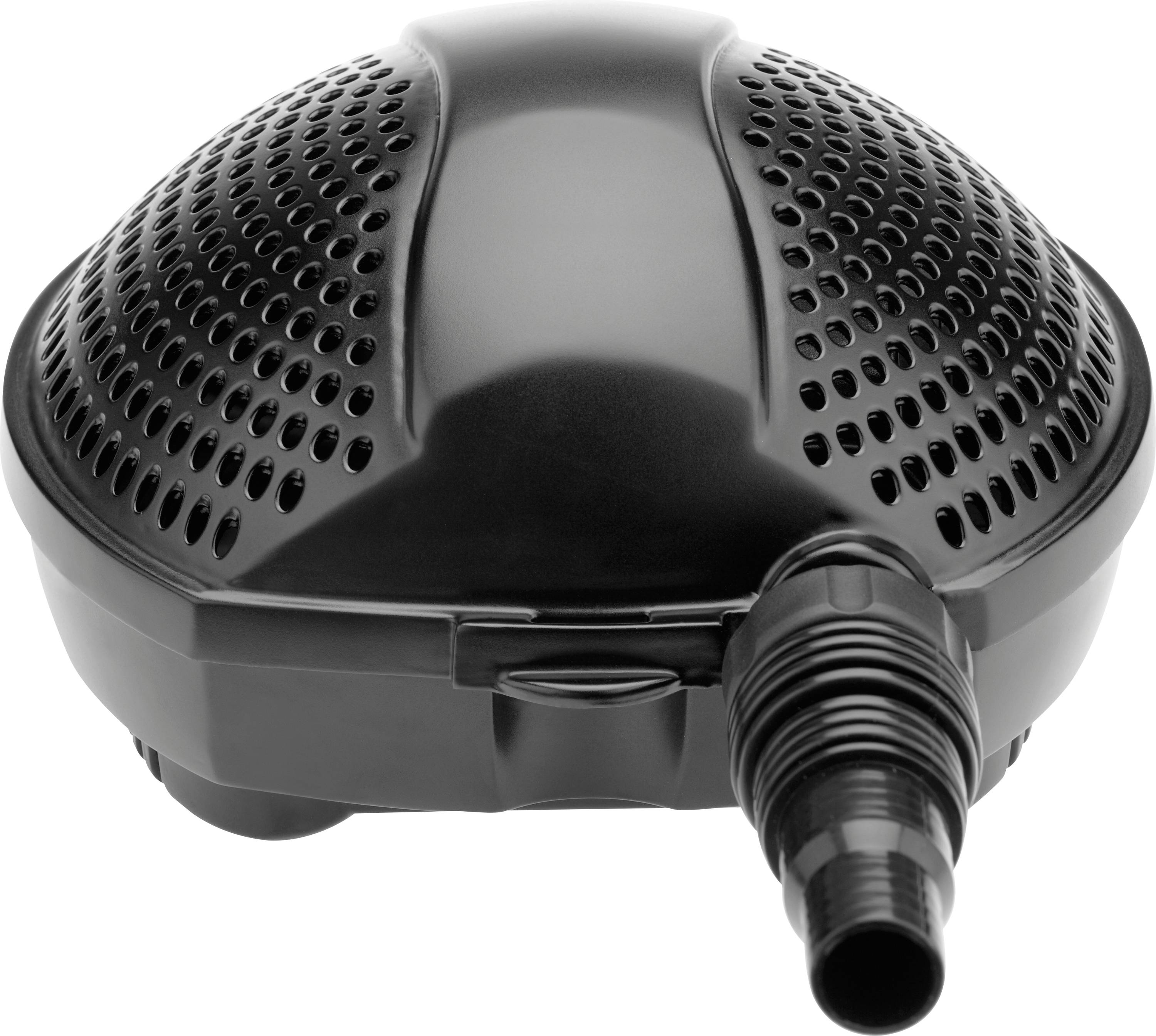 Une pompe de bassin noire avec un dessus arrondi et perforé et un connecteur de tuyau, conçue pour la circulation ou la filtration de l'eau.