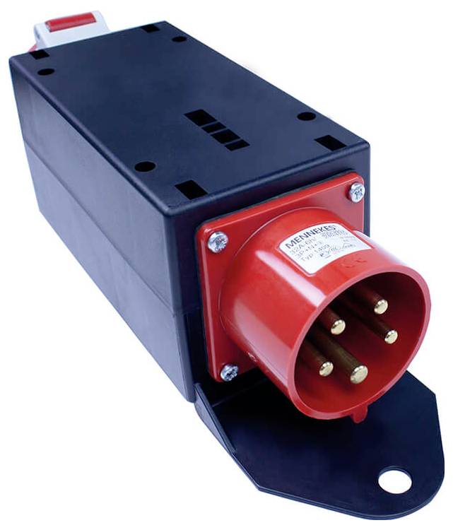 Un connecteur industriel rouge à six pôles avec un boîtier noir et un interrupteur de commande rouge, sur un fond neutre.