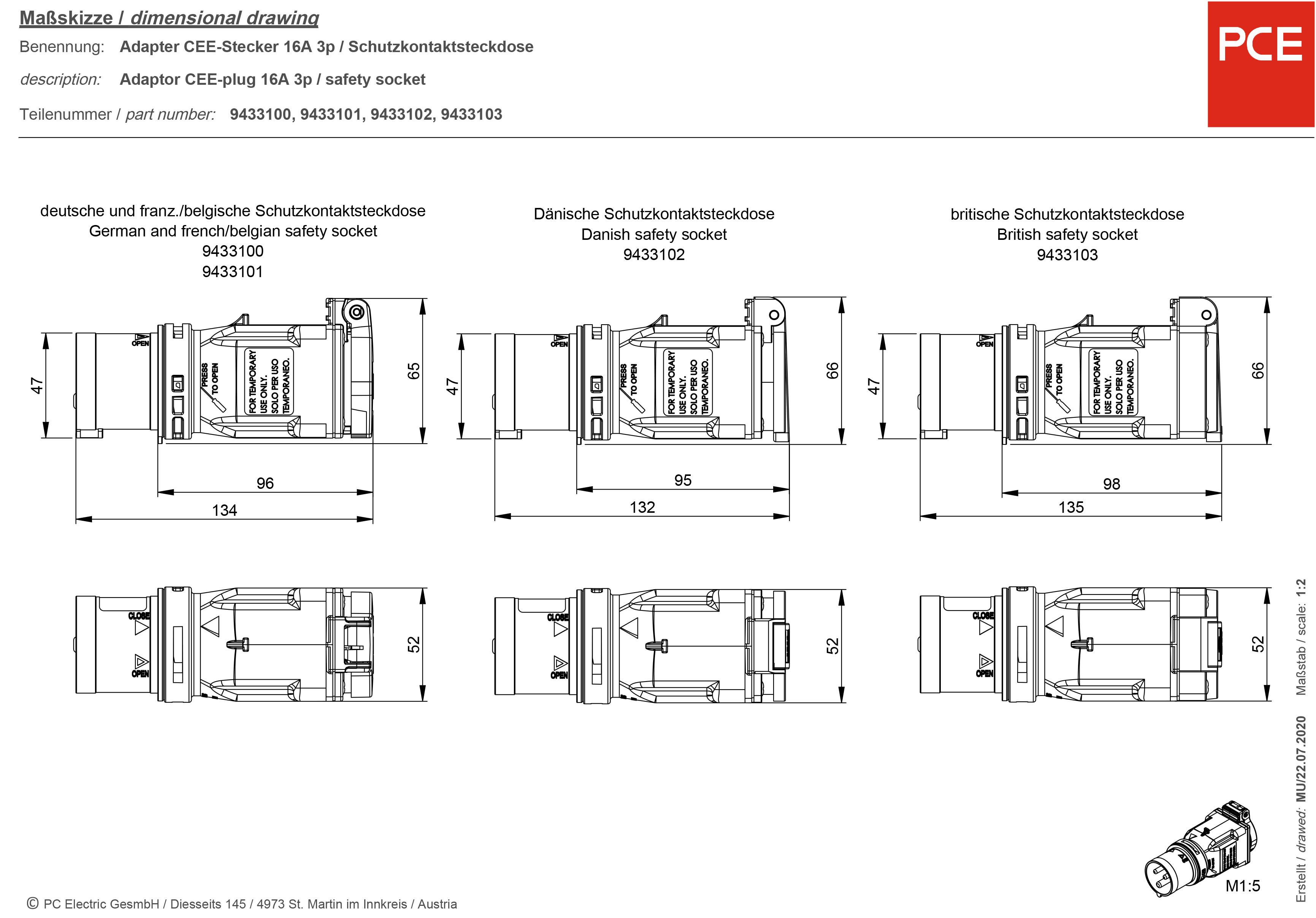Adaptateur CEE-CARA 16 A 3 pôles PCE 9433100 230 V 1 pc(s)
