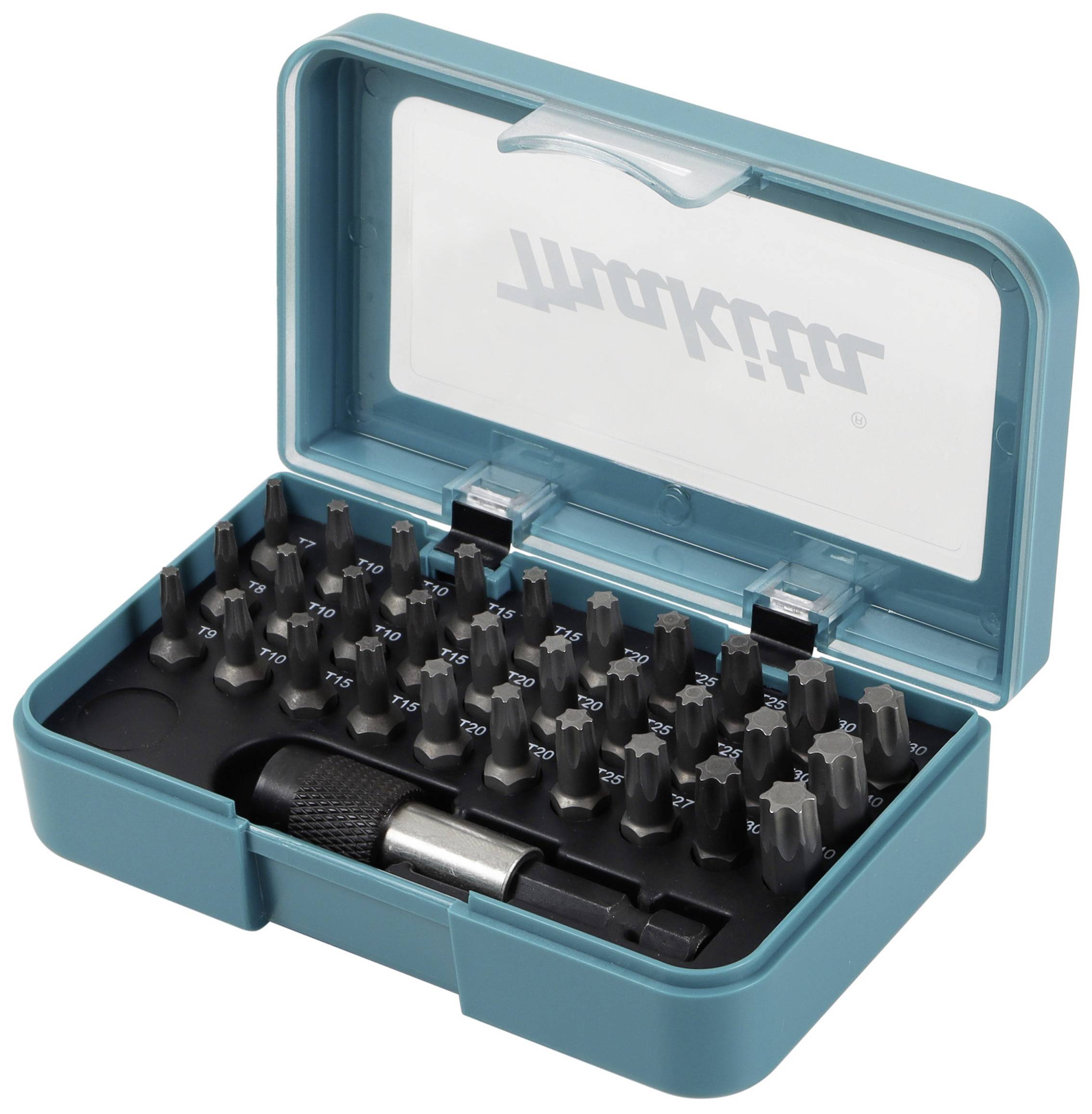 Une boîte à outils ouverte contenant différents embouts de tournevis et une poignée métallique, le tout dans un coffret vert.
