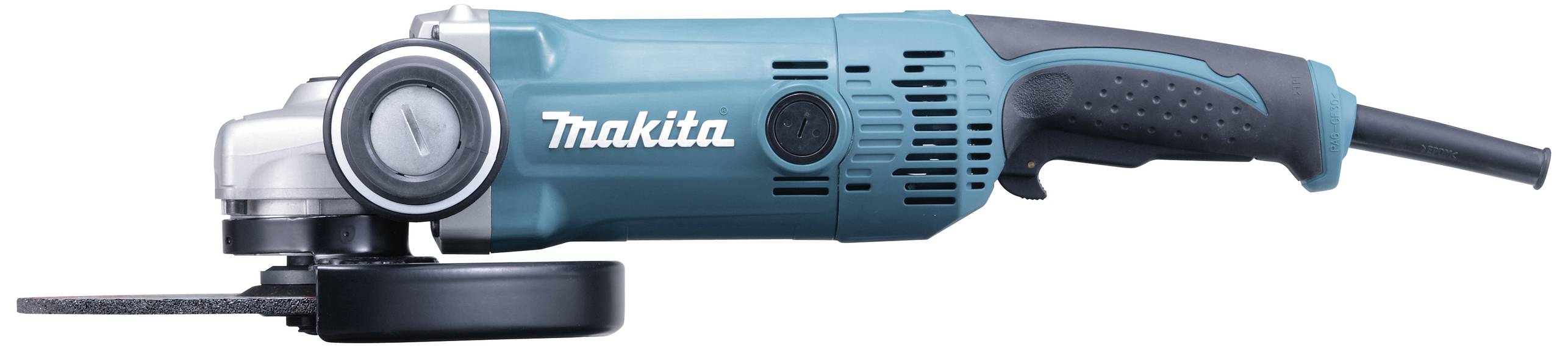 Un meuleuse d'angle bleue de la marque Makita avec une poignée ergonomique et un capot de protection est posée sur le côté. Idéale pour le travail des métaux.