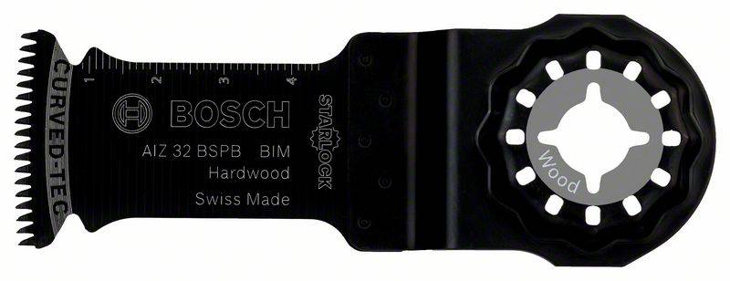 Lame de scie multifonction Bosch, modèle AIZ 32 BSPB, adaptée au bois dur, Swiss Made, bague de réglage métallique avec marquage 'Wood'.