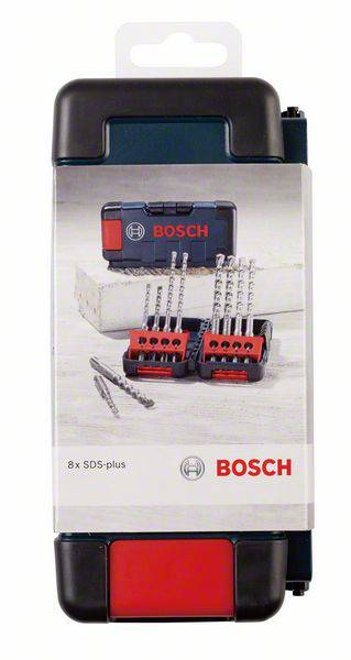 Images d'un coffret de forets avec l'inscription '8x SDS-plus' sur l'emballage et le logo Bosch.