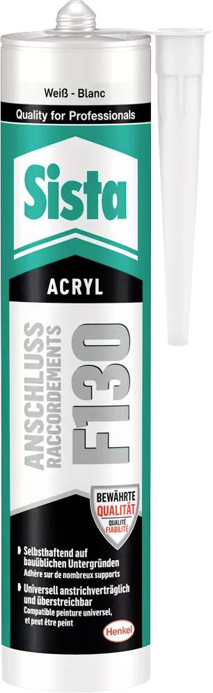 L'illustration présente une cartouche de mastic acrylique Sista F130 de Henkel, adaptée aux joints de raccordement, avec un embout permettant une application précise.