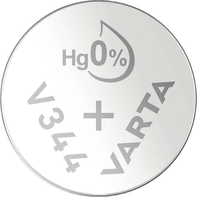 Bouton de pile avec l'inscription « Hg 0%, V344, +, VARTA » disposé en cercle sur la surface.
