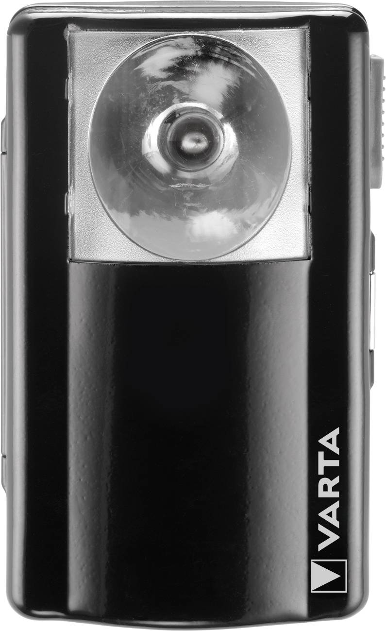 Lampe de poche avec boîtier noir et logo 'VARTA' sur le côté, tête lumineuse centrale sous un verre de protection transparent.